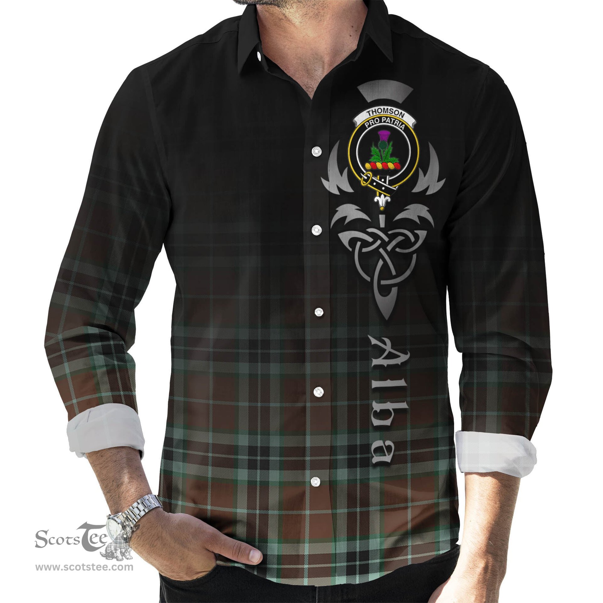 ScotsTee Shop Scottish Thomson Hunting Modern Clan Crest Tartan Alba Gu Brath Celtic Inspired Tartan Long Sleeve Shirt