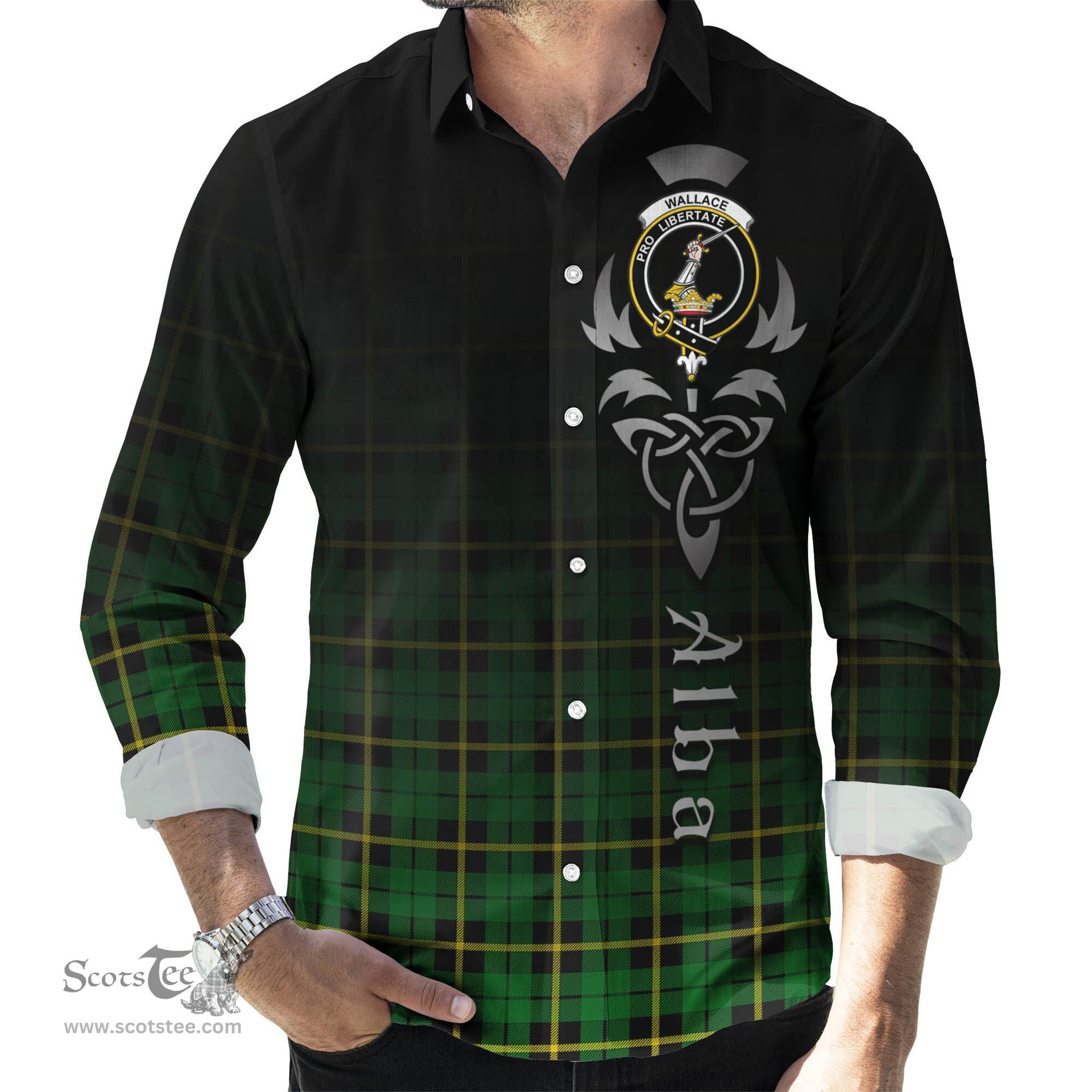 ScotsTee Shop Scottish Wallace Hunting Green Clan Crest Tartan Alba Gu Brath Celtic Inspired Tartan Long Sleeve Shirt