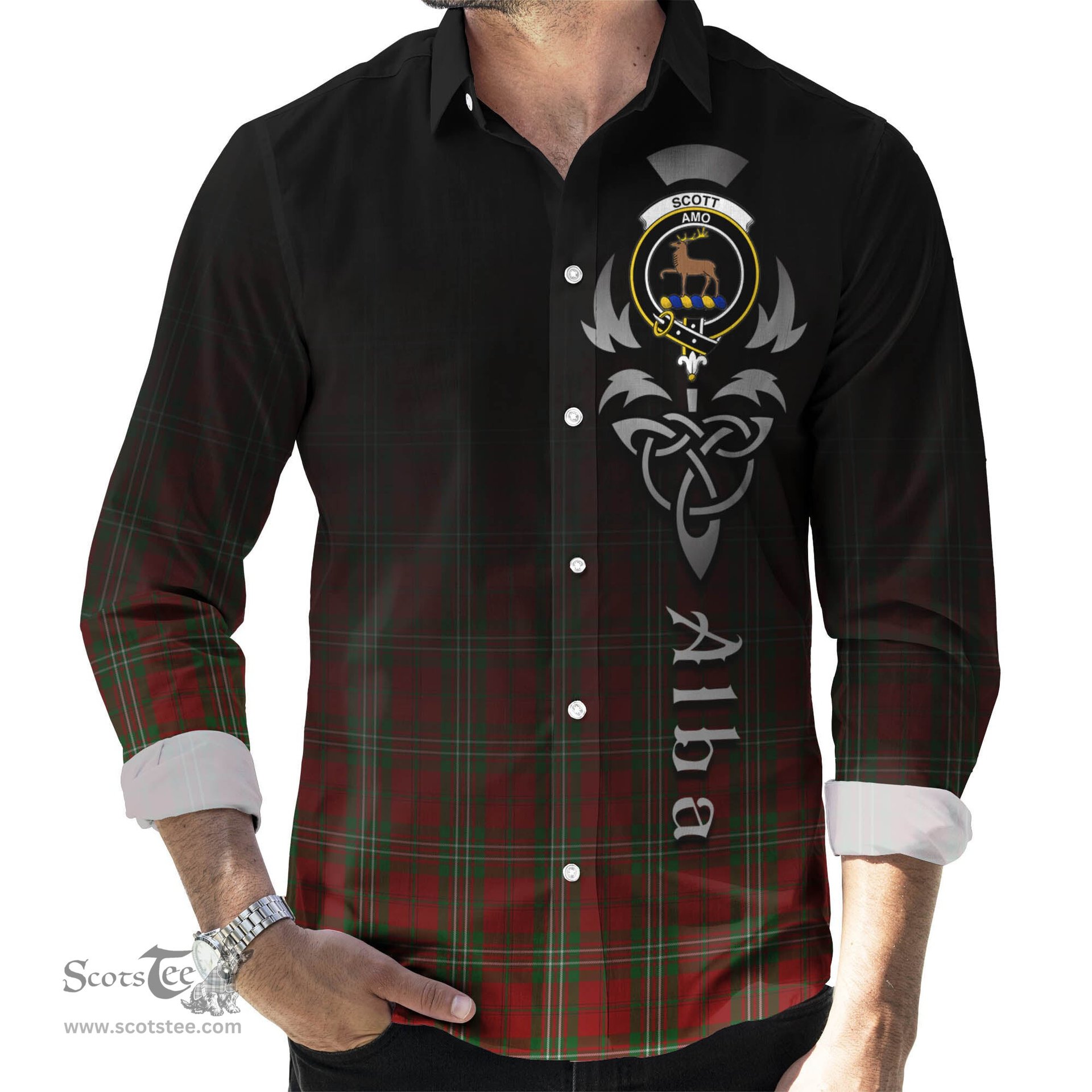 ScotsTee Shop Scottish Scott Clan Crest Tartan Alba Gu Brath Celtic Inspired Tartan Long Sleeve Shirt