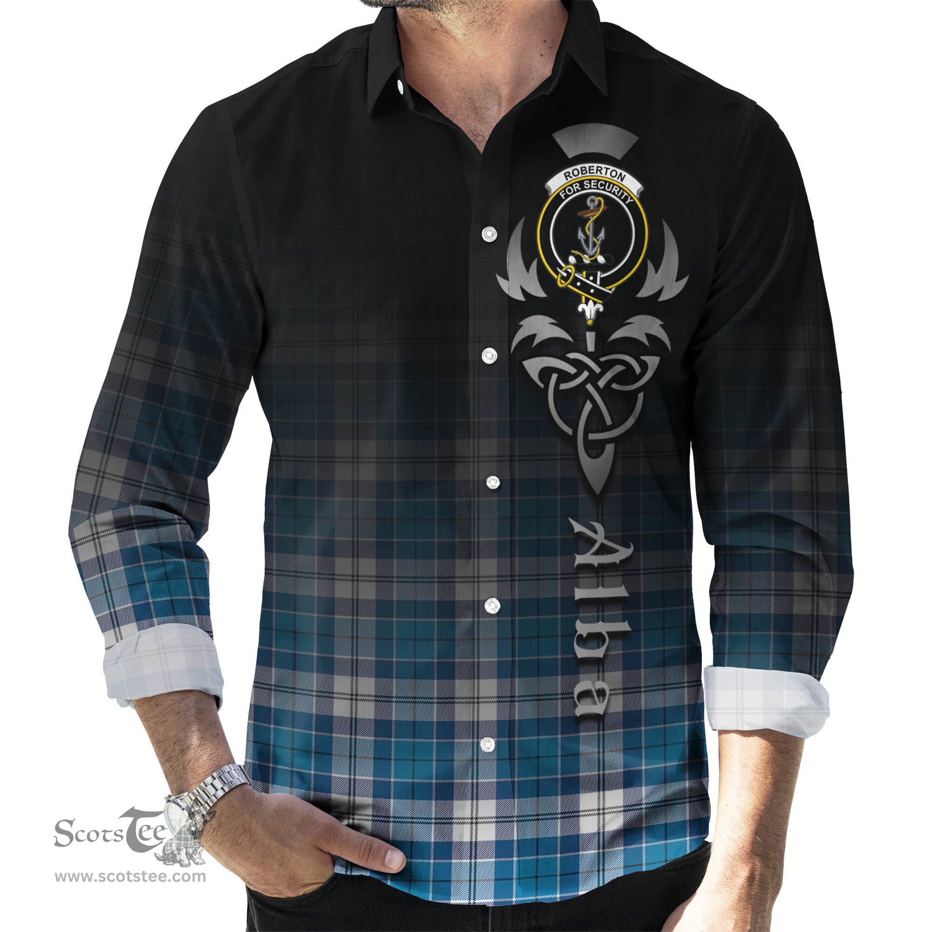 ScotsTee Shop Scottish Roberton Clan Crest Tartan Alba Gu Brath Celtic Inspired Tartan Long Sleeve Shirt