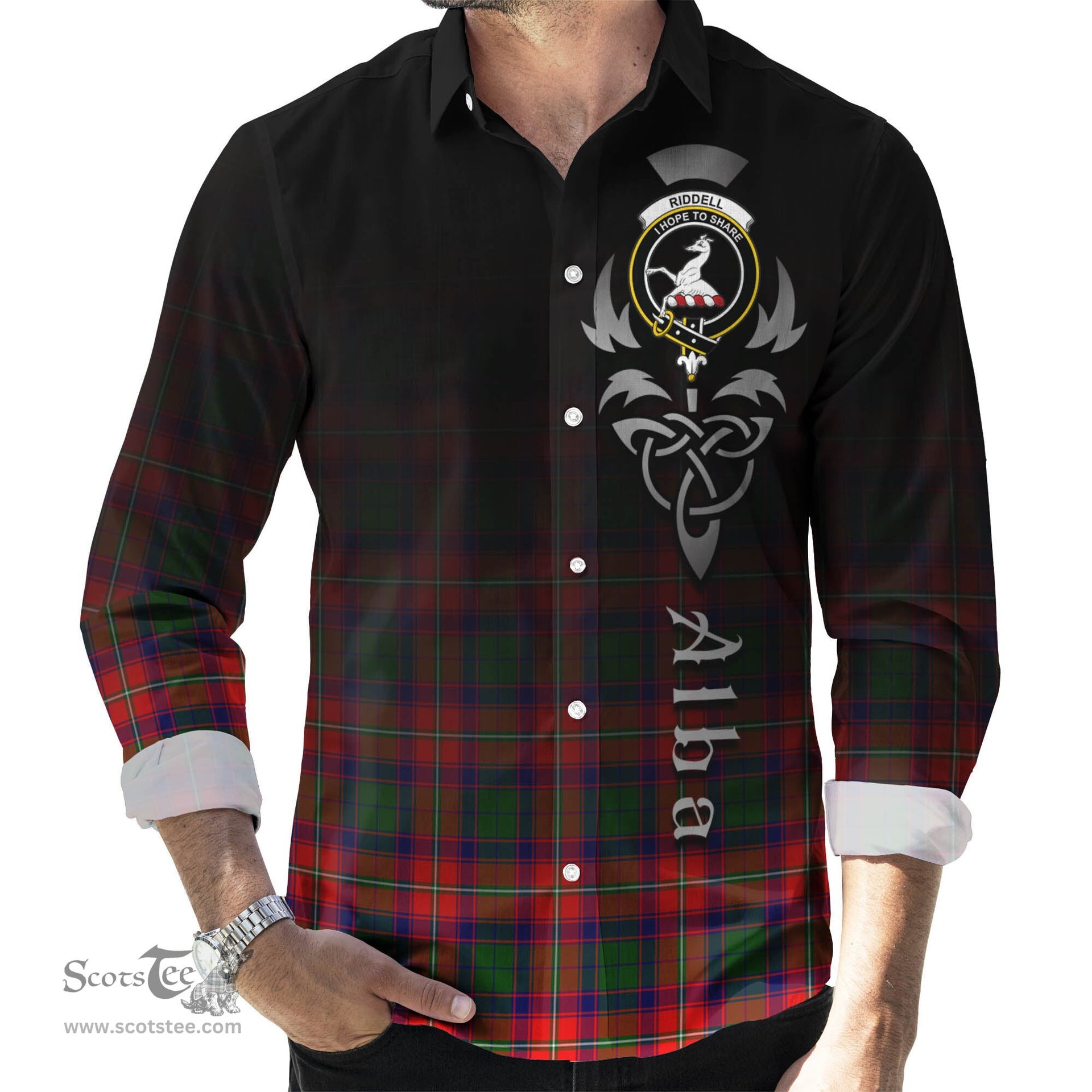 ScotsTee Shop Scottish Riddell Clan Crest Tartan Alba Gu Brath Celtic Inspired Tartan Long Sleeve Shirt