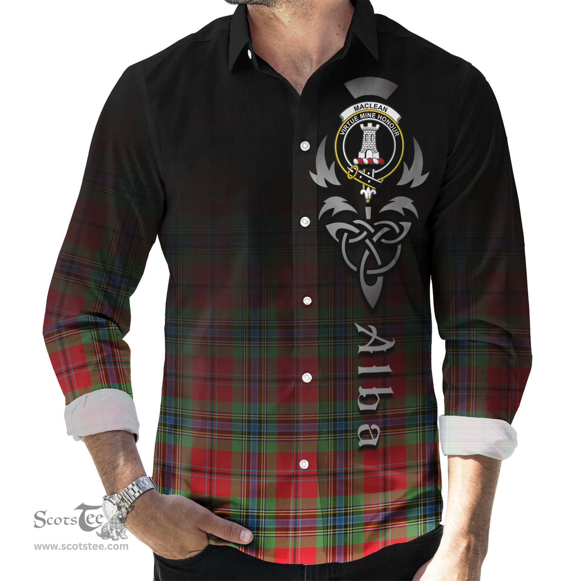 ScotsTee Shop Scottish MacLean of Duart Modern Clan Crest Tartan Alba Gu Brath Celtic Inspired Tartan Long Sleeve Shirt