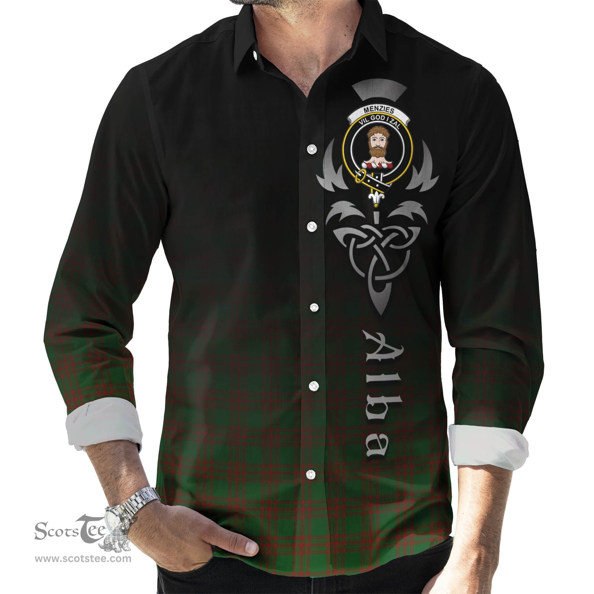 ScotsTee Shop Scottish Menzies Clan Crest Tartan Alba Gu Brath Celtic Inspired Tartan Long Sleeve Shirt
