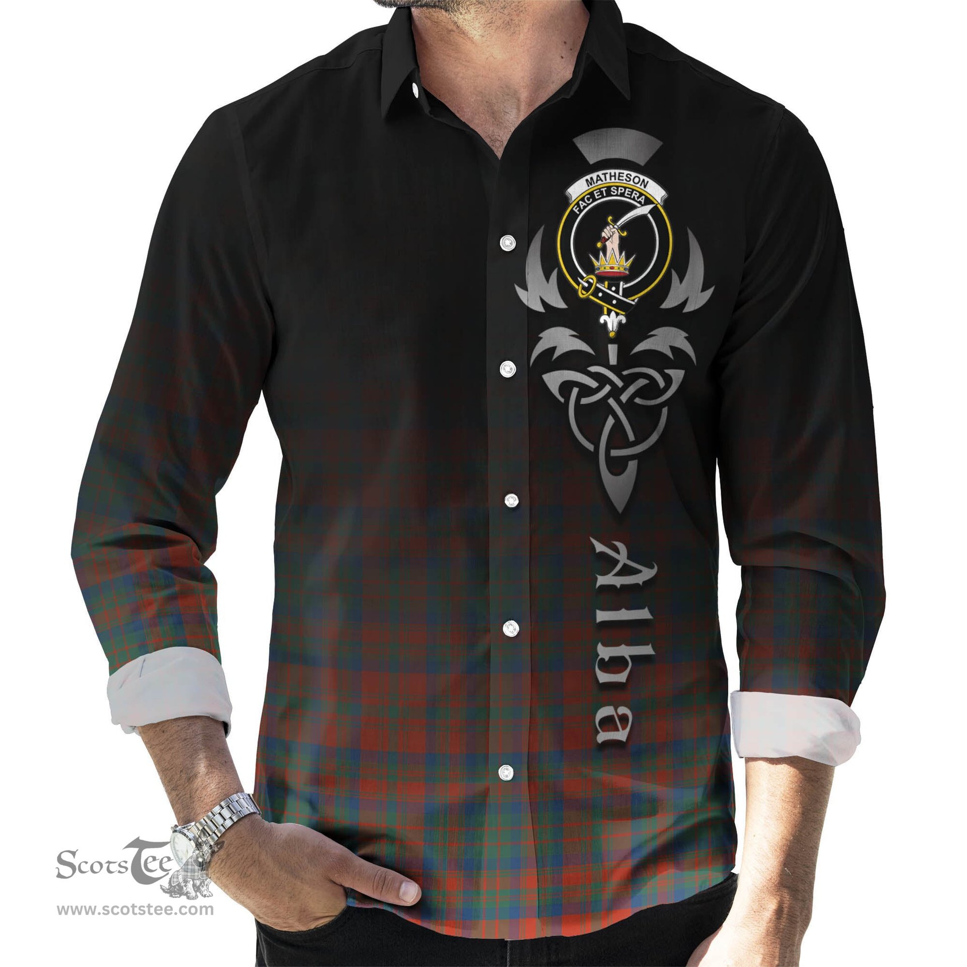 ScotsTee Shop Scottish Matheson Ancient Clan Crest Tartan Alba Gu Brath Celtic Inspired Tartan Long Sleeve Shirt