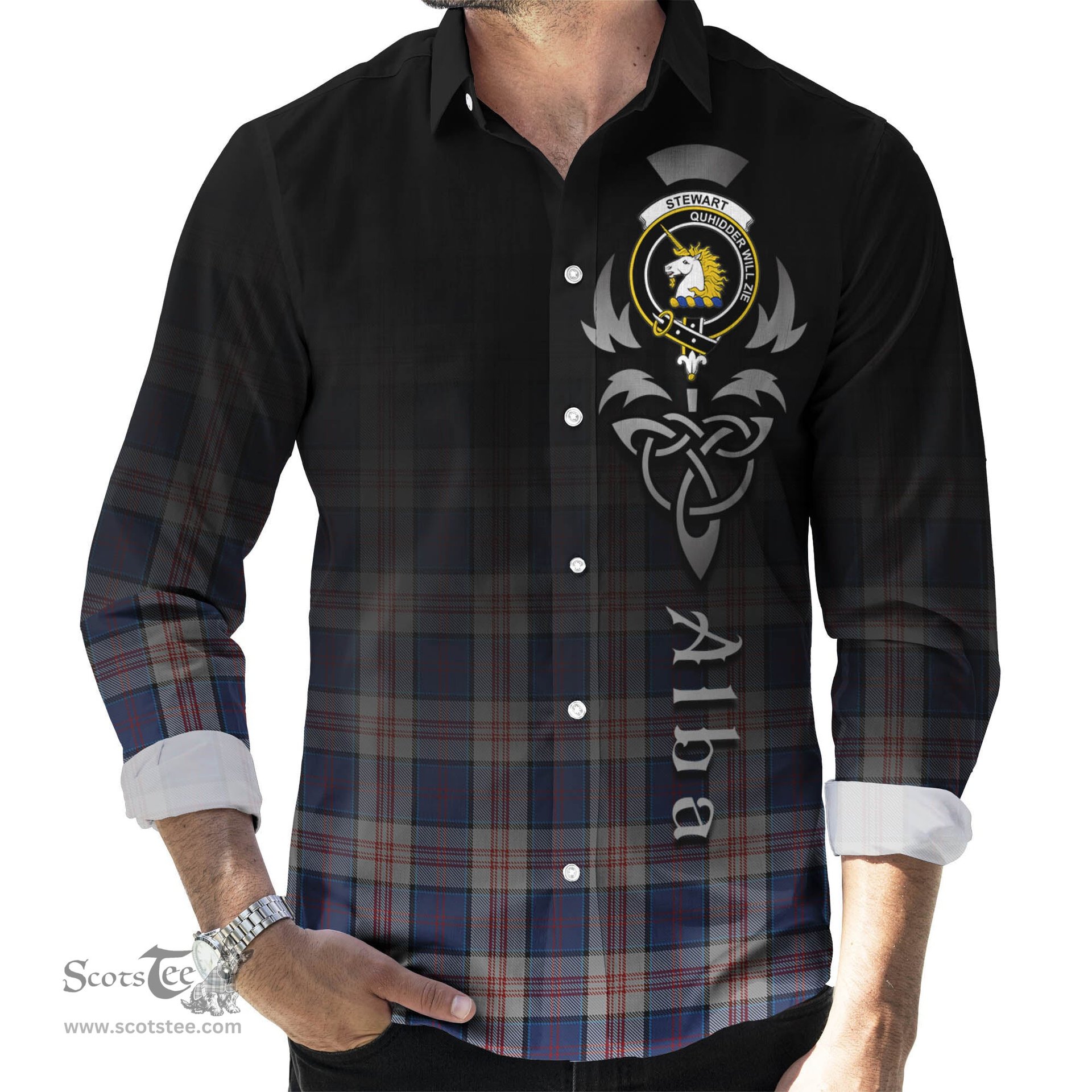 ScotsTee Shop Scottish Stewart of Appin Hunting Dress Clan Crest Tartan Alba Gu Brath Celtic Inspired Tartan Long Sleeve Shirt