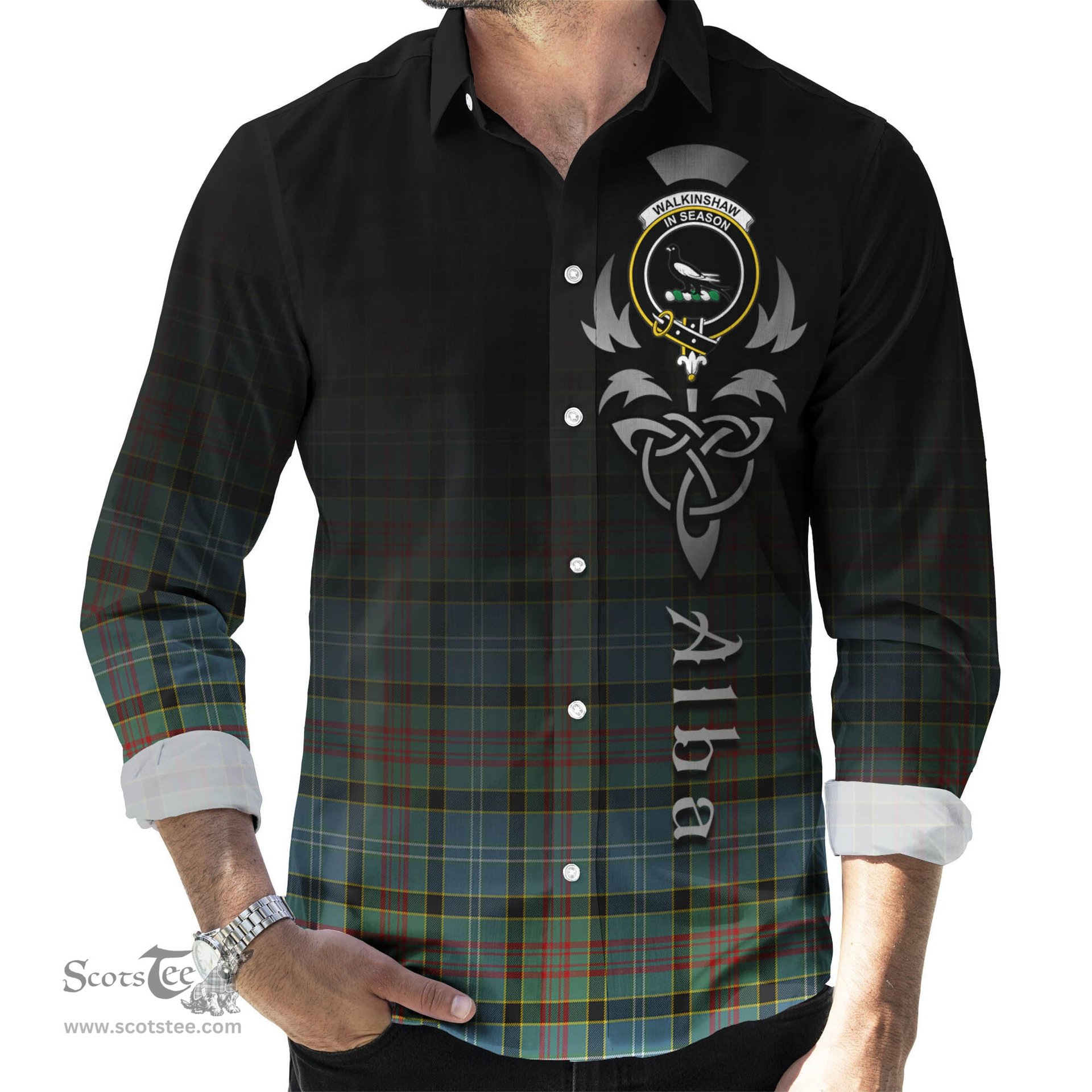 ScotsTee Shop Scottish Walkinshaw Clan Crest Tartan Alba Gu Brath Celtic Inspired Tartan Long Sleeve Shirt