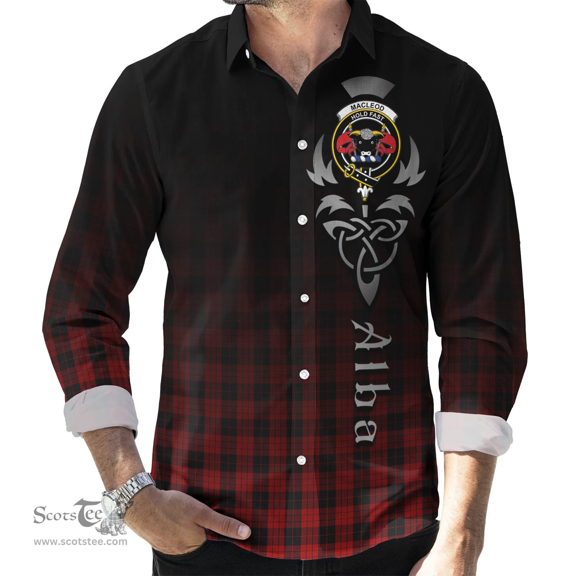 ScotsTee Shop Scottish MacLeod Black and Red Clan Crest Tartan Alba Gu Brath Celtic Inspired Tartan Long Sleeve Shirt