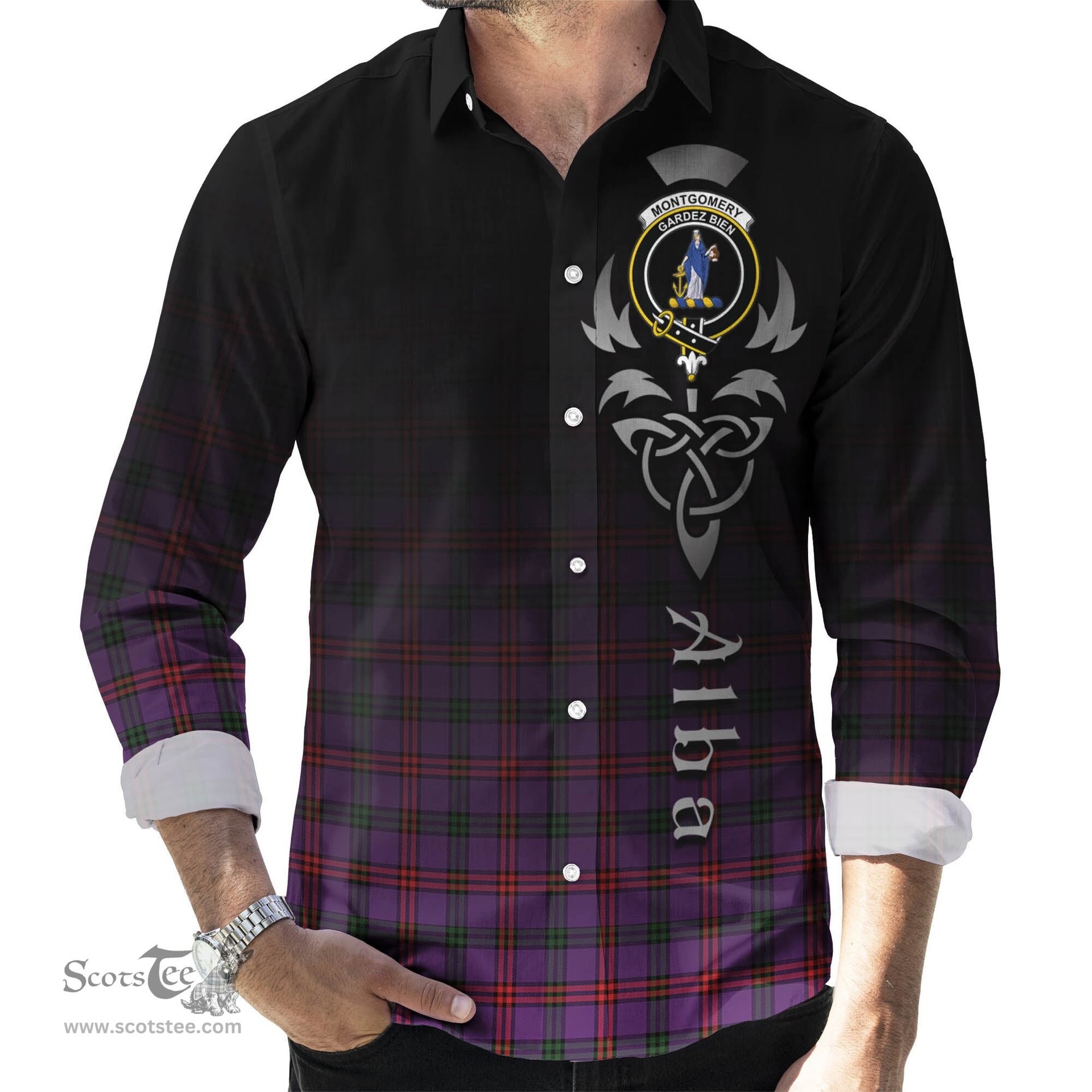 ScotsTee Shop Scottish Montgomery Modern Clan Crest Tartan Alba Gu Brath Celtic Inspired Tartan Long Sleeve Shirt