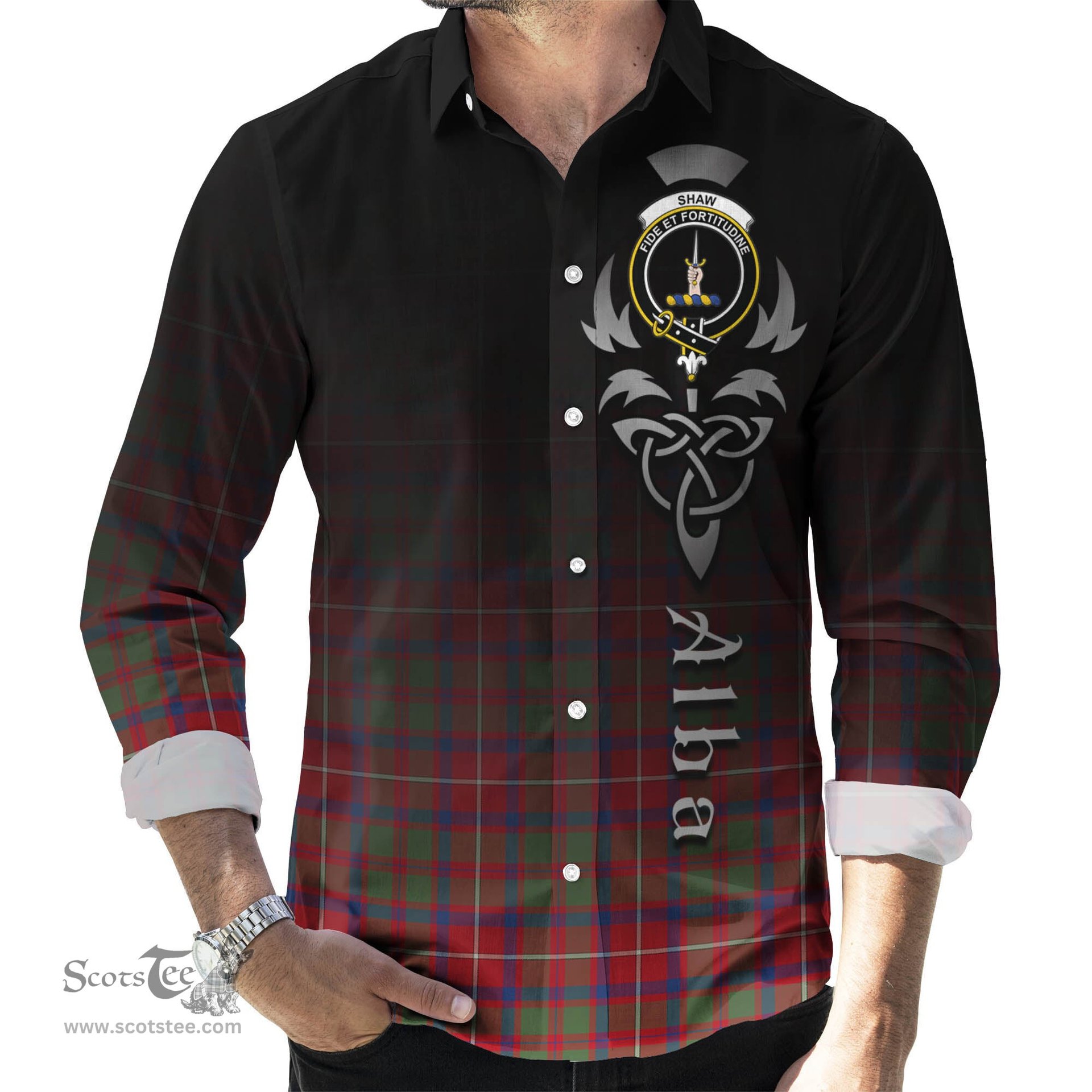 ScotsTee Shop Scottish Shaw Red Modern Clan Crest Tartan Alba Gu Brath Celtic Inspired Tartan Long Sleeve Shirt