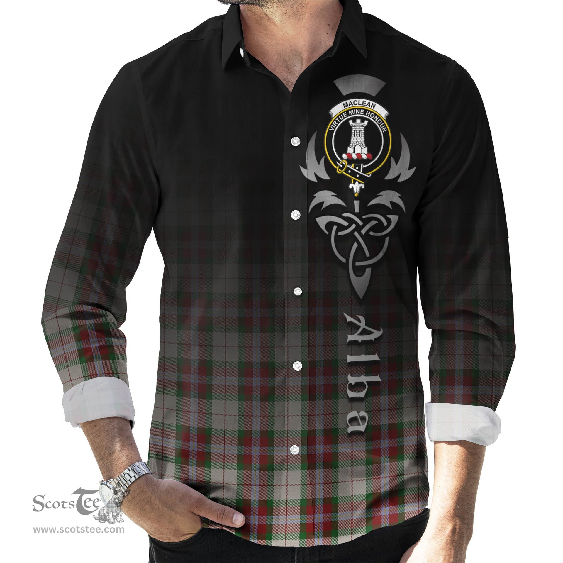ScotsTee Shop Scottish MacLean Dress Clan Crest Tartan Alba Gu Brath Celtic Inspired Tartan Long Sleeve Shirt