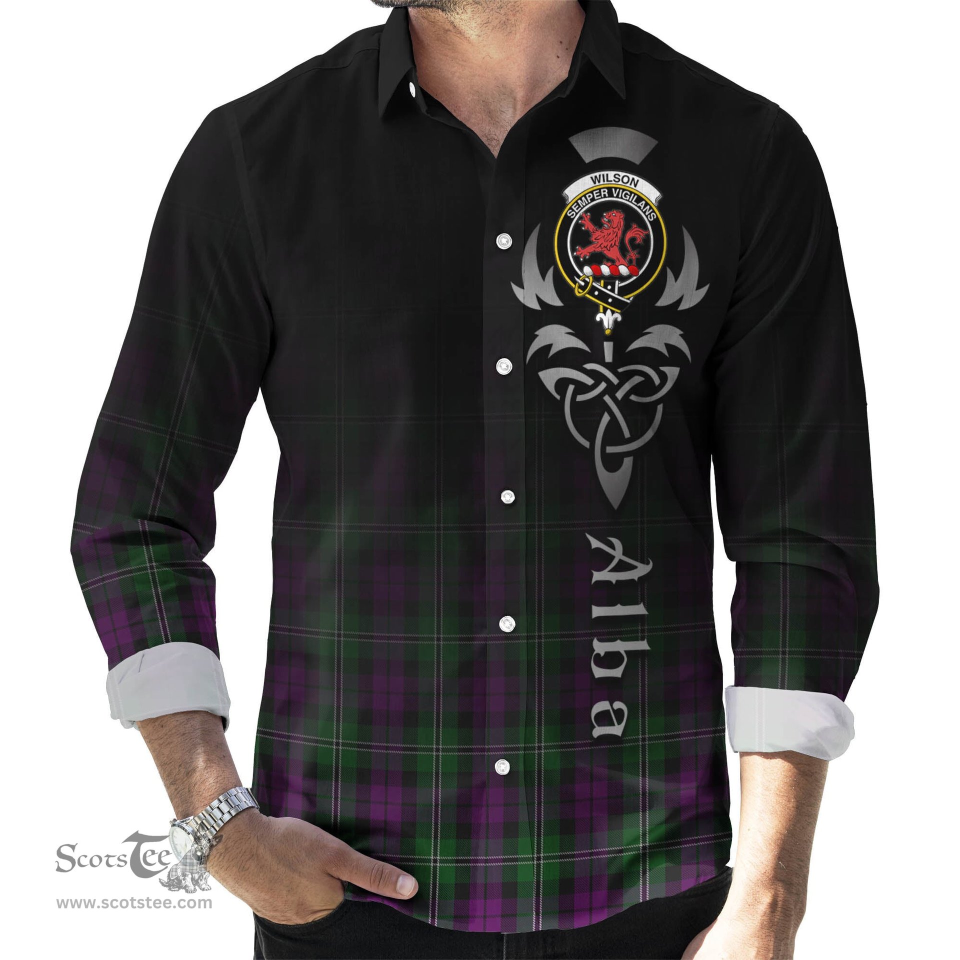 ScotsTee Shop Scottish Wilson Clan Crest Tartan Alba Gu Brath Celtic Inspired Tartan Long Sleeve Shirt