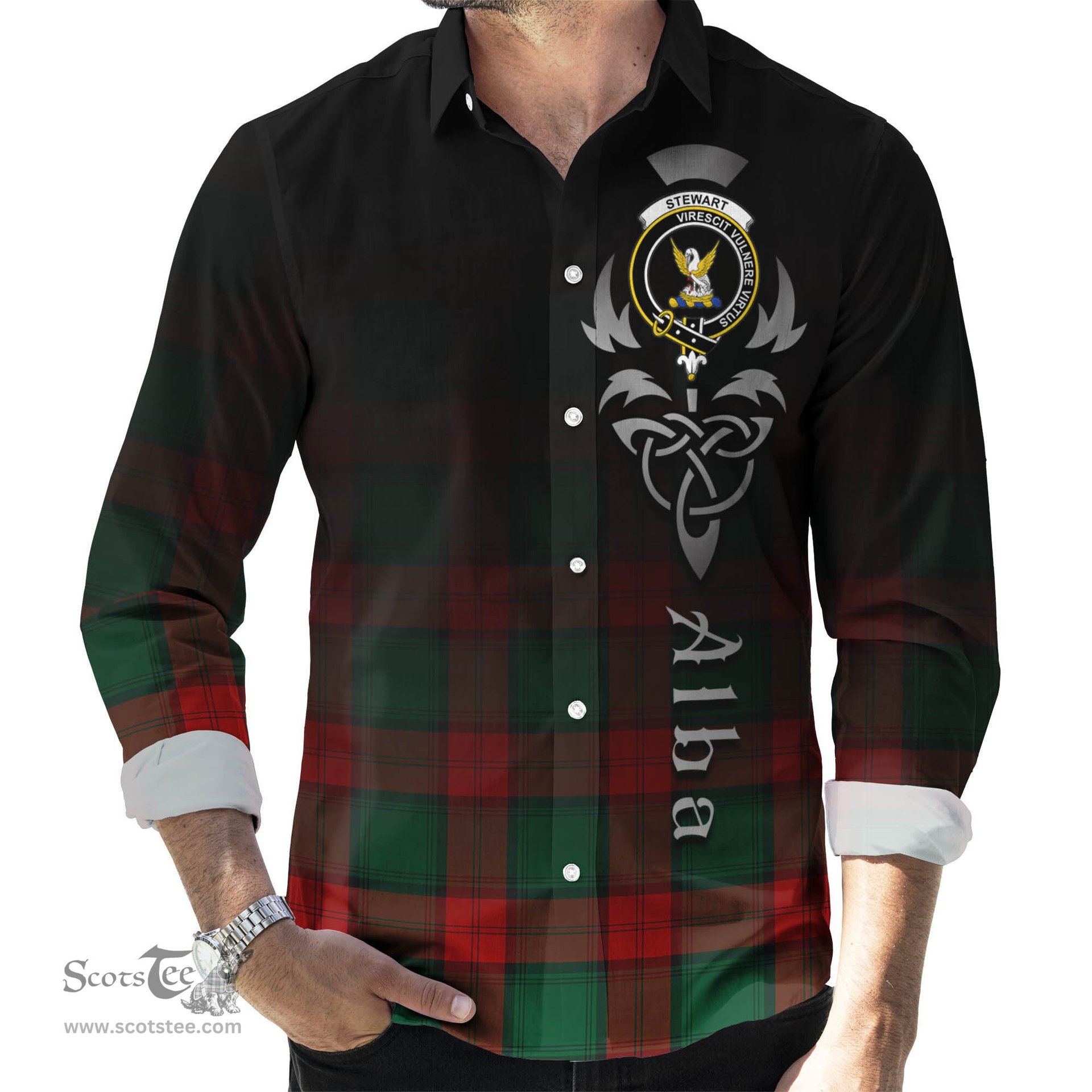 ScotsTee Shop Scottish Stewart Atholl Modern Clan Crest Tartan Alba Gu Brath Celtic Inspired Tartan Long Sleeve Shirt