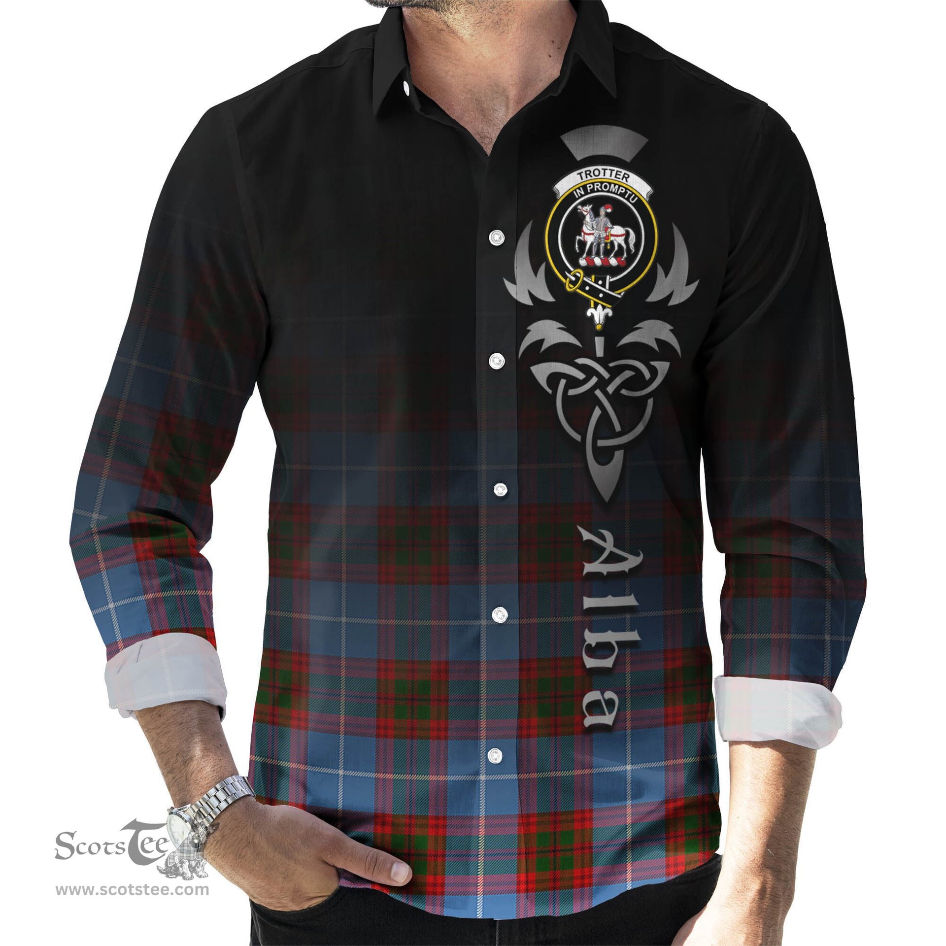 ScotsTee Shop Scottish Trotter Clan Crest Tartan Alba Gu Brath Celtic Inspired Tartan Long Sleeve Shirt