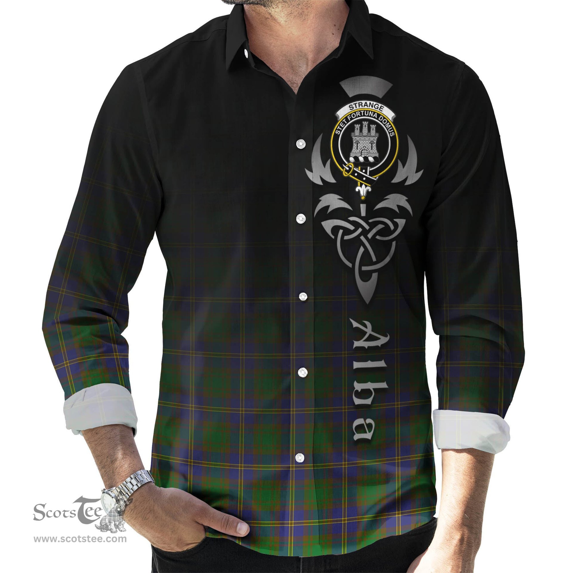 ScotsTee Shop Scottish Strange of Balkaskie Clan Crest Tartan Alba Gu Brath Celtic Inspired Tartan Long Sleeve Shirt