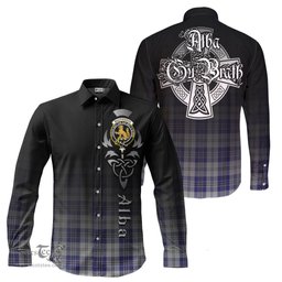 ScotsTee Shop Scottish MacPherson Dress Blue Clan Crest Tartan Alba Gu Brath Celtic Inspired Tartan Long Sleeve Shirt