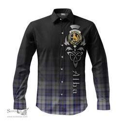 ScotsTee Shop Scottish MacPherson Dress Blue Clan Crest Tartan Alba Gu Brath Celtic Inspired Tartan Long Sleeve Shirt