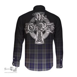 ScotsTee Shop Scottish MacPherson Dress Blue Clan Crest Tartan Alba Gu Brath Celtic Inspired Tartan Long Sleeve Shirt