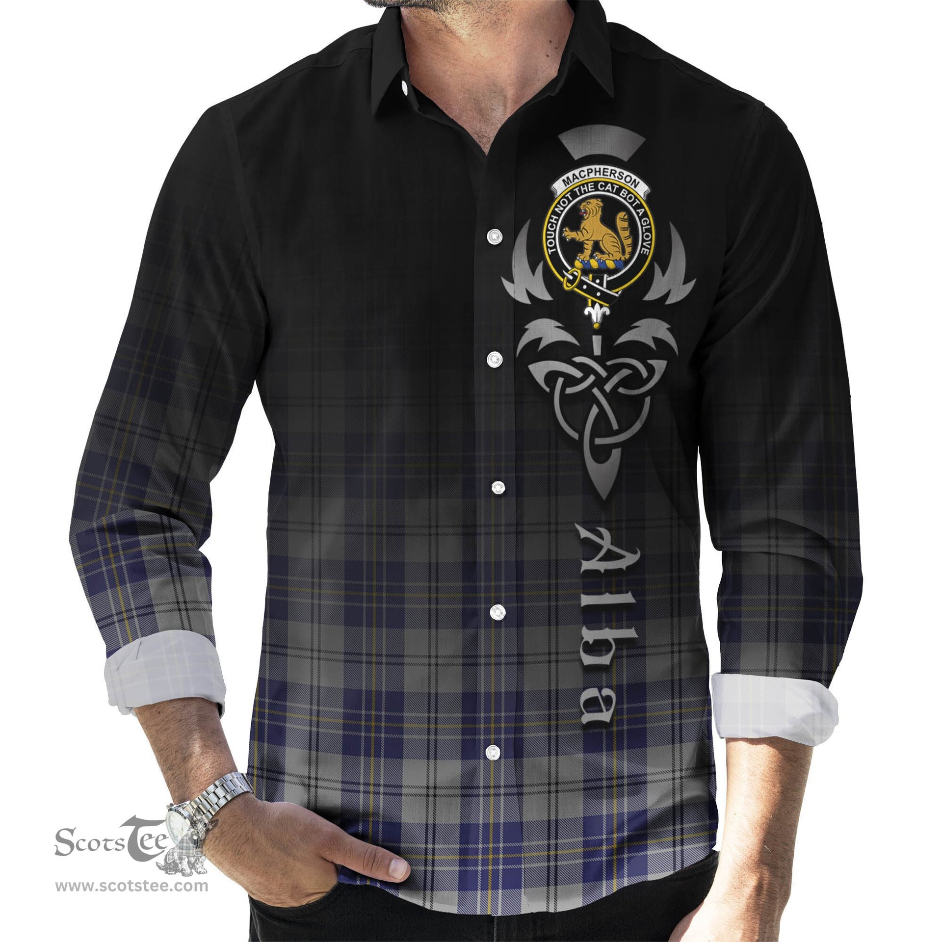 ScotsTee Shop Scottish MacPherson Dress Blue Clan Crest Tartan Alba Gu Brath Celtic Inspired Tartan Long Sleeve Shirt