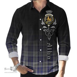 ScotsTee Shop Scottish MacPherson Dress Blue Clan Crest Tartan Alba Gu Brath Celtic Inspired Tartan Long Sleeve Shirt