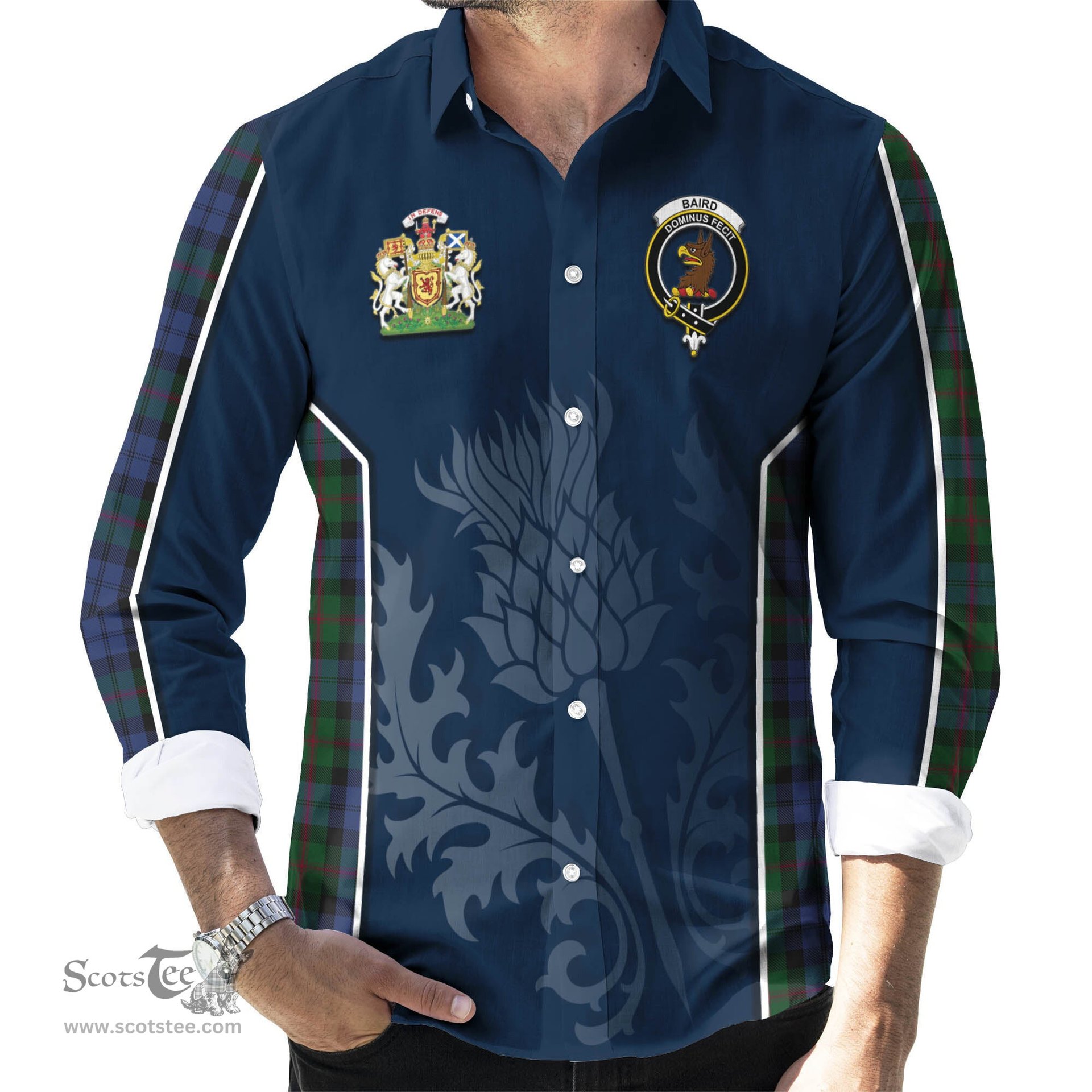 ScotsTee Shop Scottish Baird Clan Scottish Crest and Scottish Thistle Sport Tartan Long Sleeve Shirt