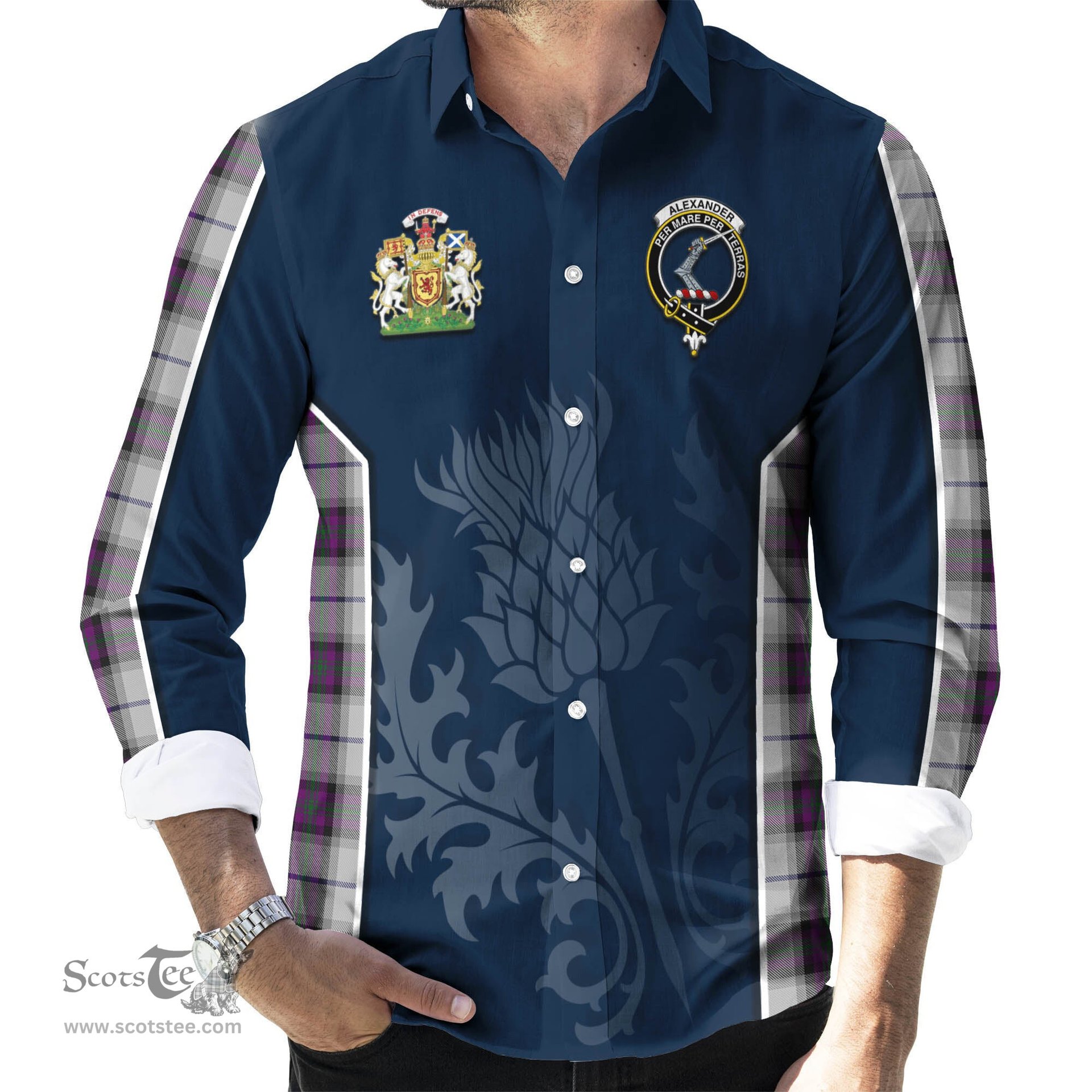 ScotsTee Shop Scottish Alexander of Menstry Dress Clan Scottish Crest and Scottish Thistle Sport Tartan Long Sleeve Shirt