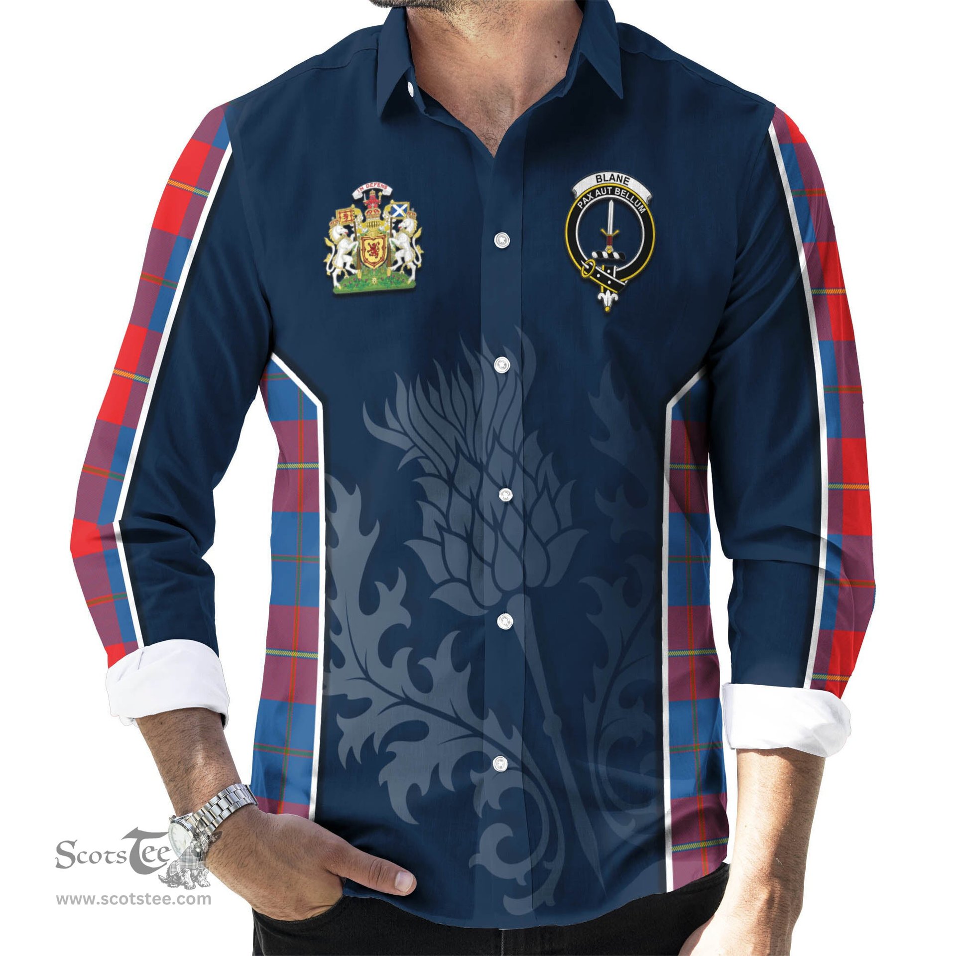 ScotsTee Shop Scottish Blane Clan Scottish Crest and Scottish Thistle Sport Tartan Long Sleeve Shirt