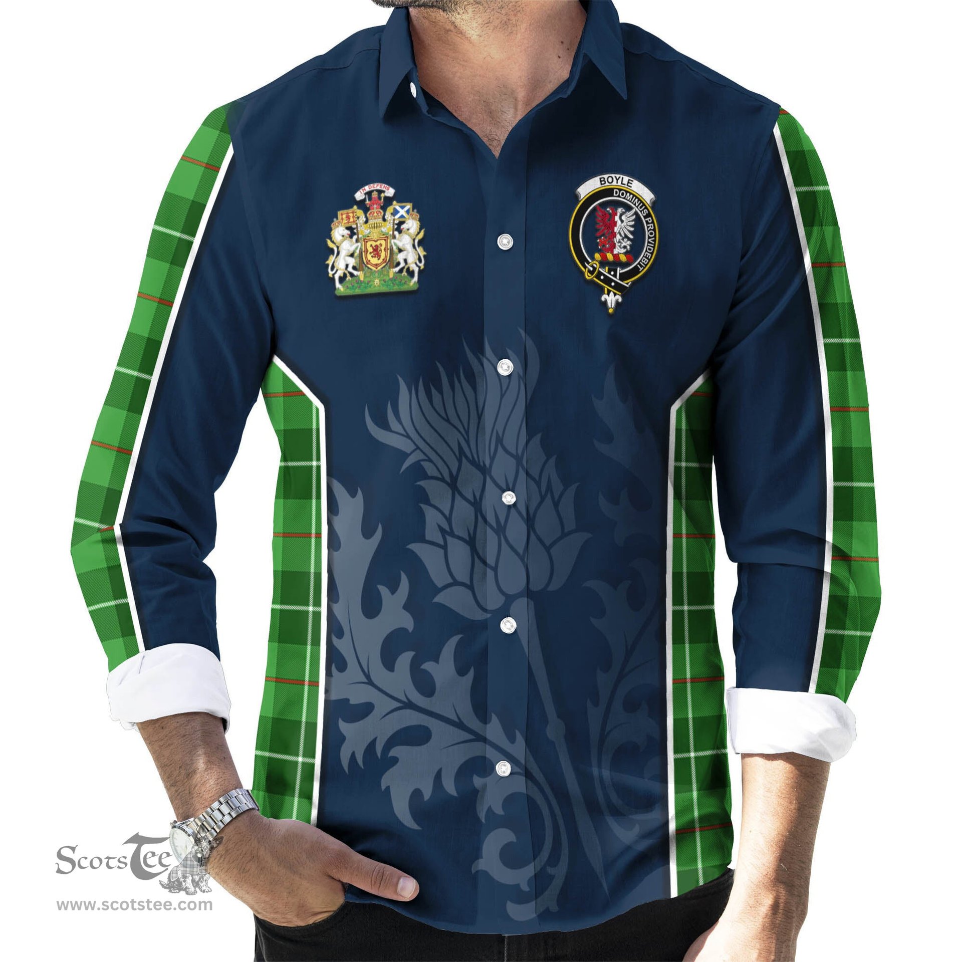 ScotsTee Shop Scottish Boyle Clan Scottish Crest and Scottish Thistle Sport Tartan Long Sleeve Shirt