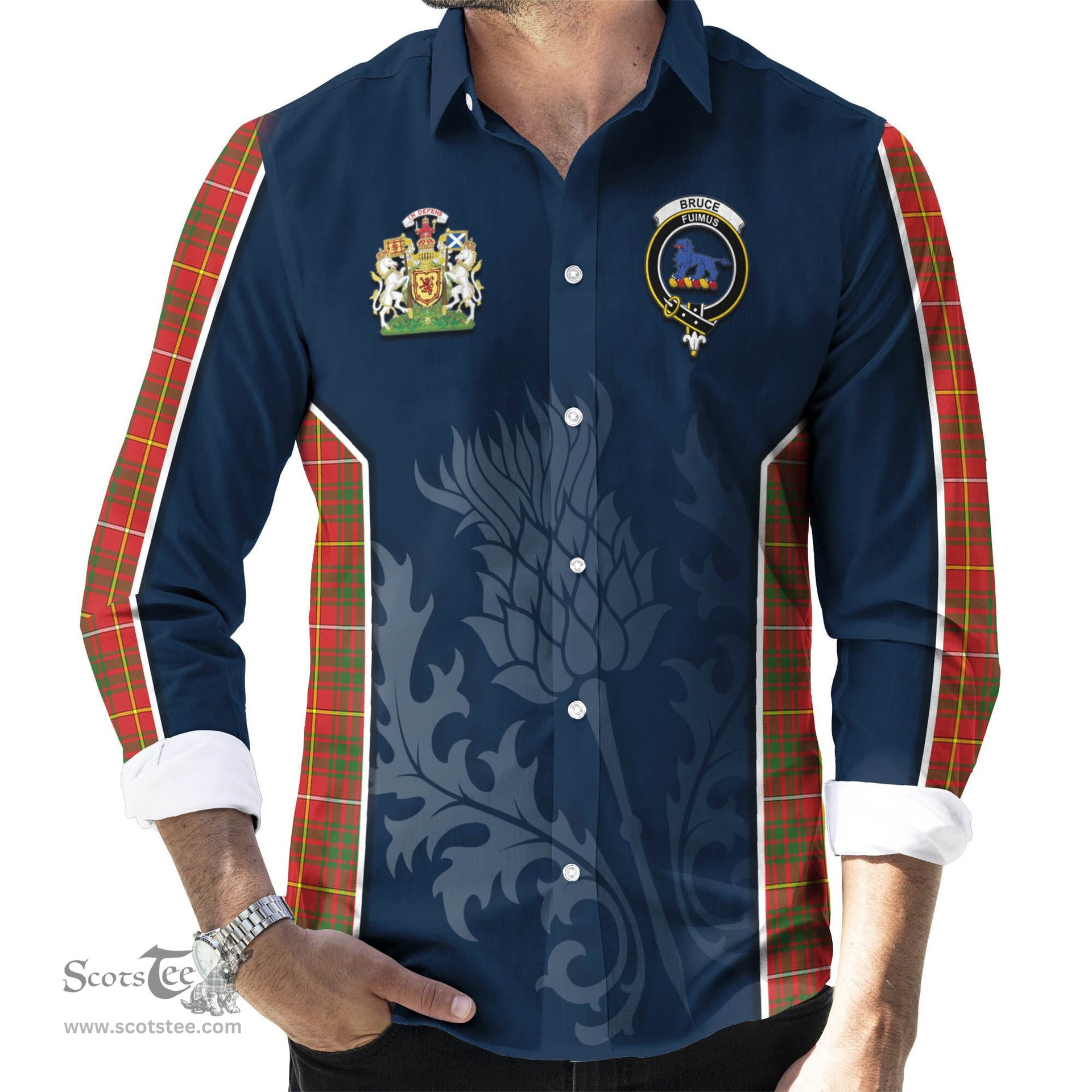 ScotsTee Shop Scottish Bruce Modern Clan Scottish Crest and Scottish Thistle Sport Tartan Long Sleeve Shirt