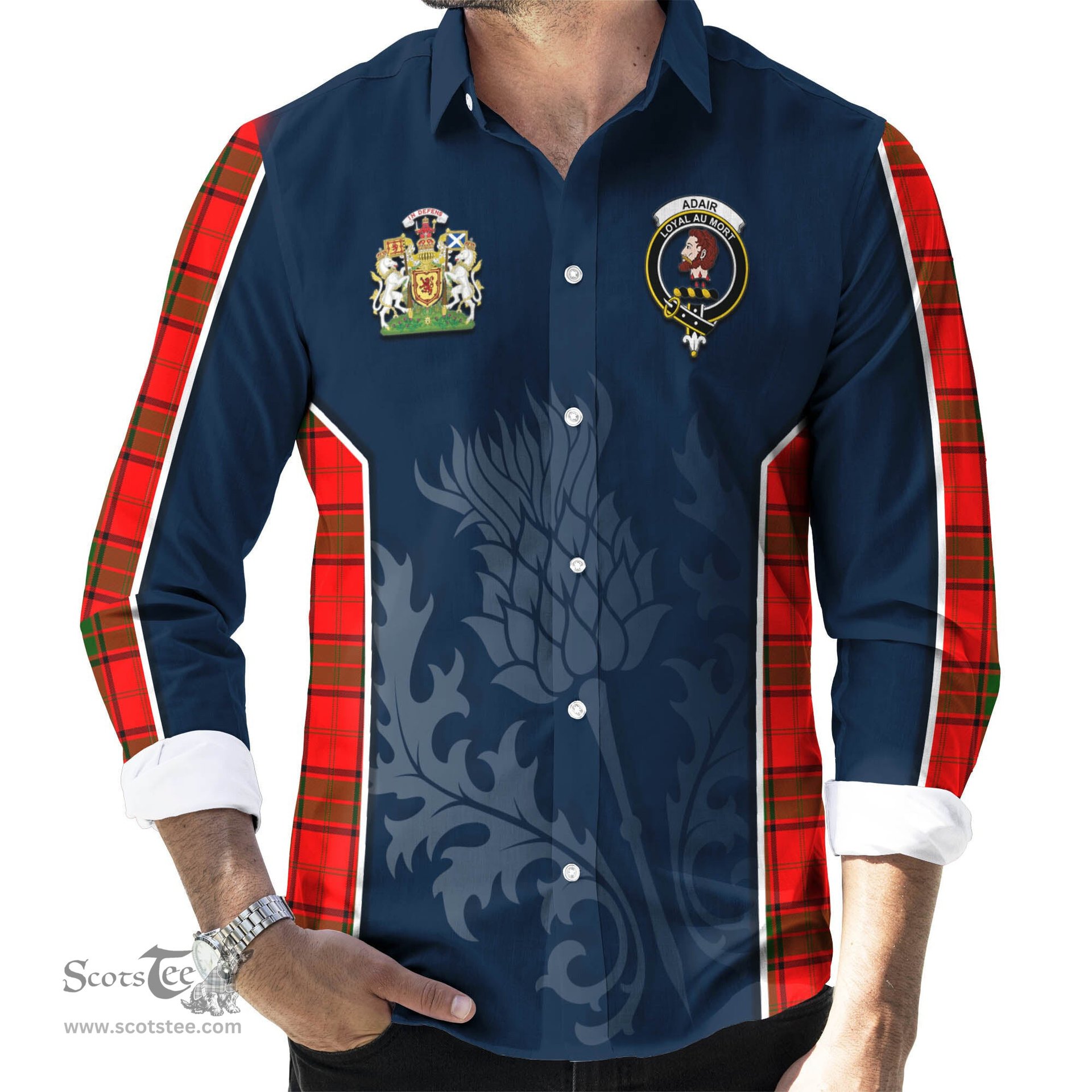 ScotsTee Shop Scottish Adair Clan Scottish Crest and Scottish Thistle Sport Tartan Long Sleeve Shirt