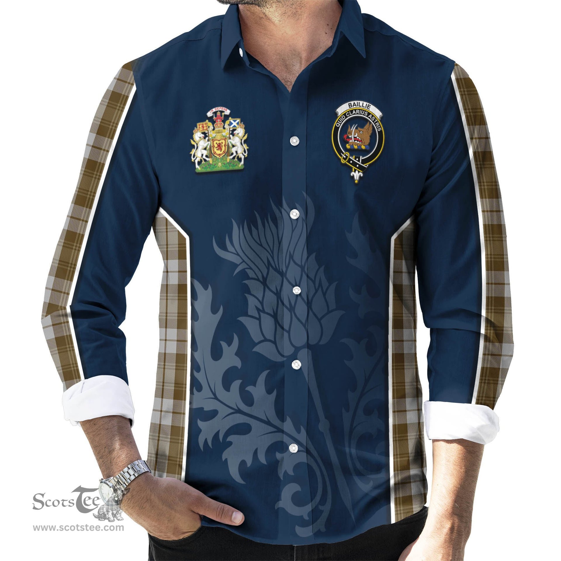 ScotsTee Shop Scottish Baillie Dress Clan Scottish Crest and Scottish Thistle Sport Tartan Long Sleeve Shirt