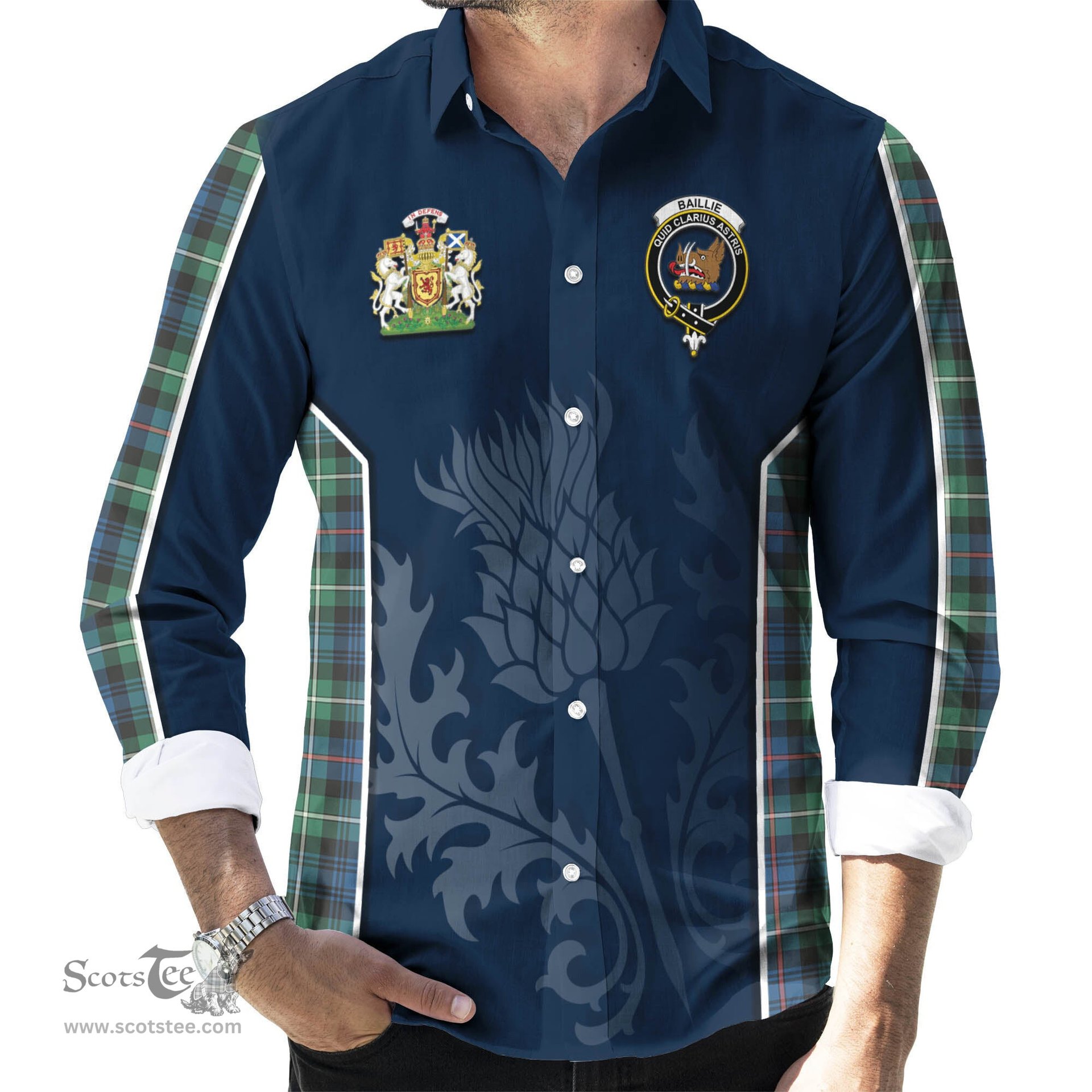 ScotsTee Shop Scottish Baillie Ancient Clan Scottish Crest and Scottish Thistle Sport Tartan Long Sleeve Shirt
