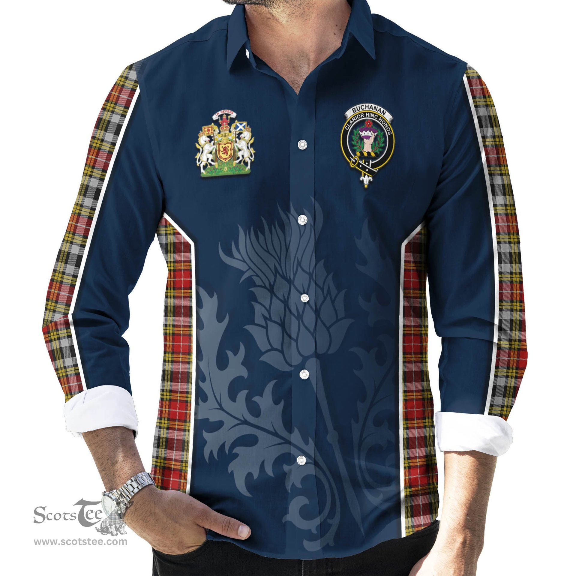 ScotsTee Shop Scottish Buchanan Old Dress Clan Scottish Crest and Scottish Thistle Sport Tartan Long Sleeve Shirt
