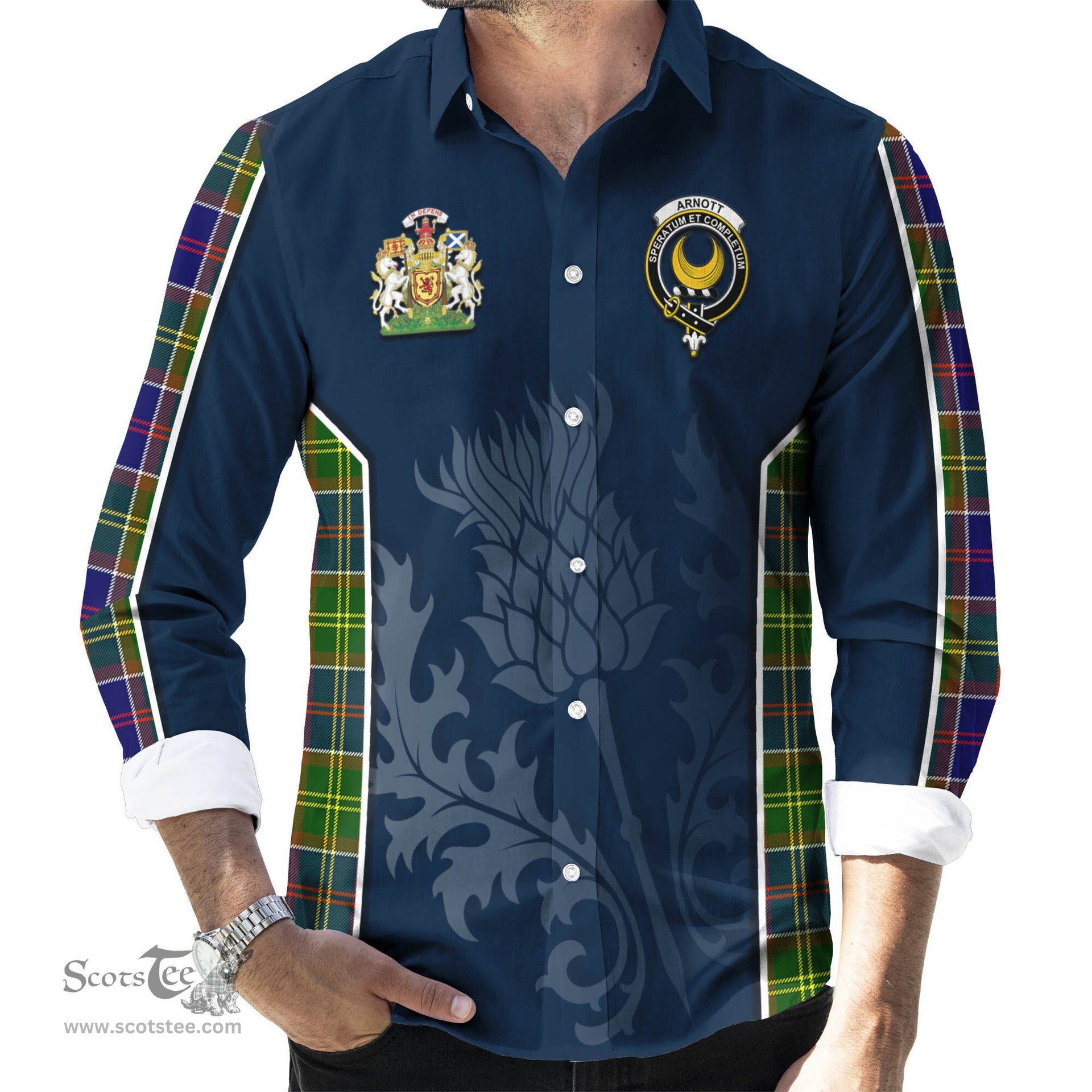 ScotsTee Shop Scottish Arnott Clan Scottish Crest and Scottish Thistle Sport Tartan Long Sleeve Shirt
