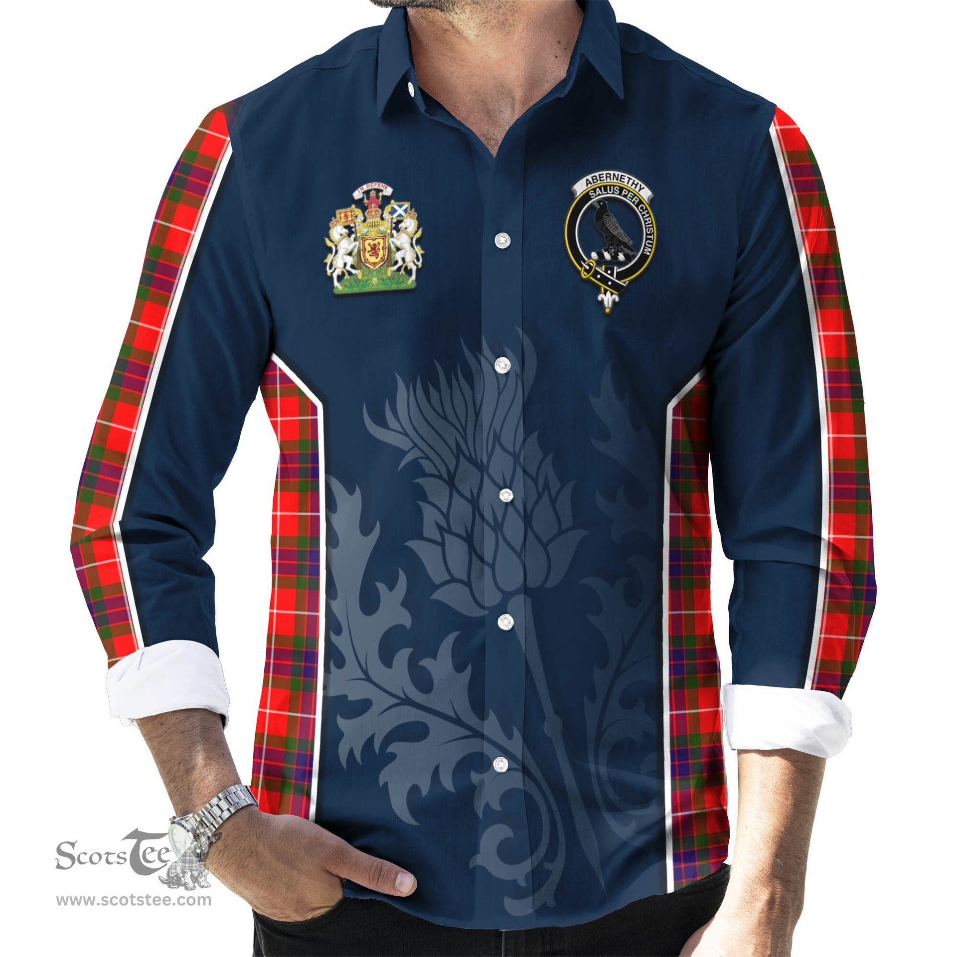 ScotsTee Shop Scottish Abernethy Clan Scottish Crest and Scottish Thistle Sport Tartan Long Sleeve Shirt