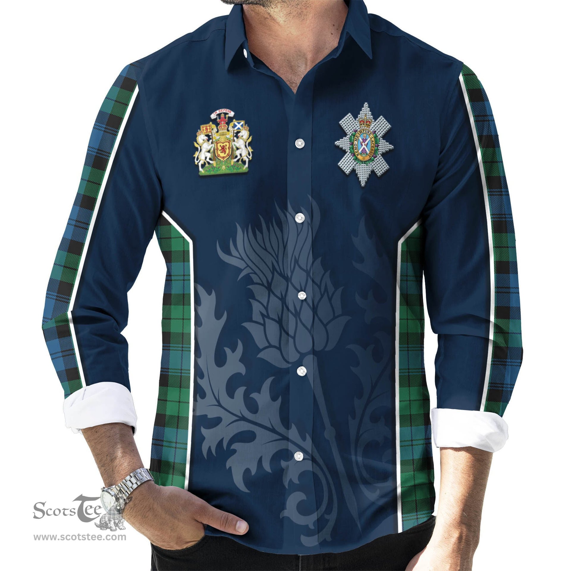 ScotsTee Shop Scottish Black Watch Ancient Clan Scottish Crest and Scottish Thistle Sport Tartan Long Sleeve Shirt