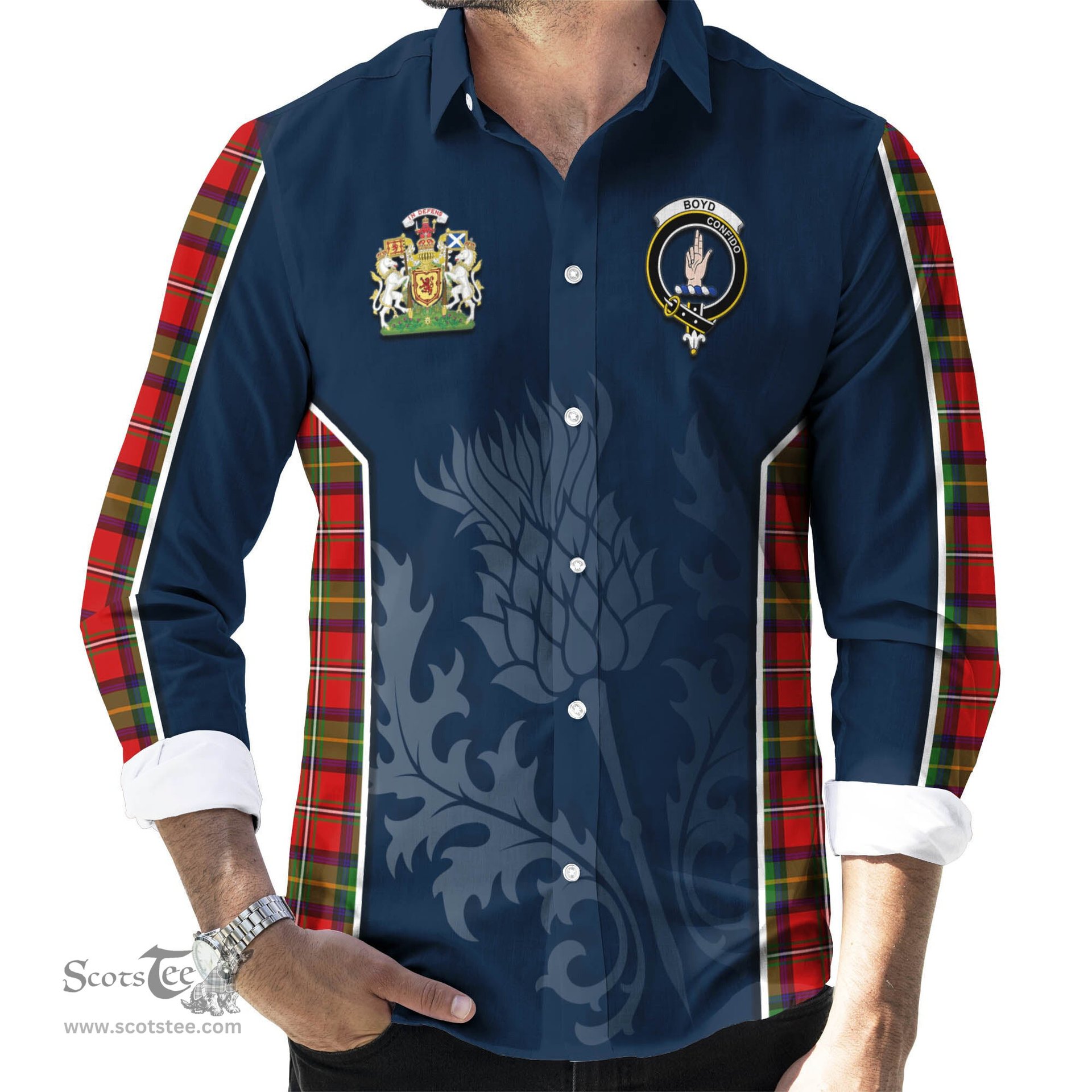 ScotsTee Shop Scottish Boyd Modern Clan Scottish Crest and Scottish Thistle Sport Tartan Long Sleeve Shirt