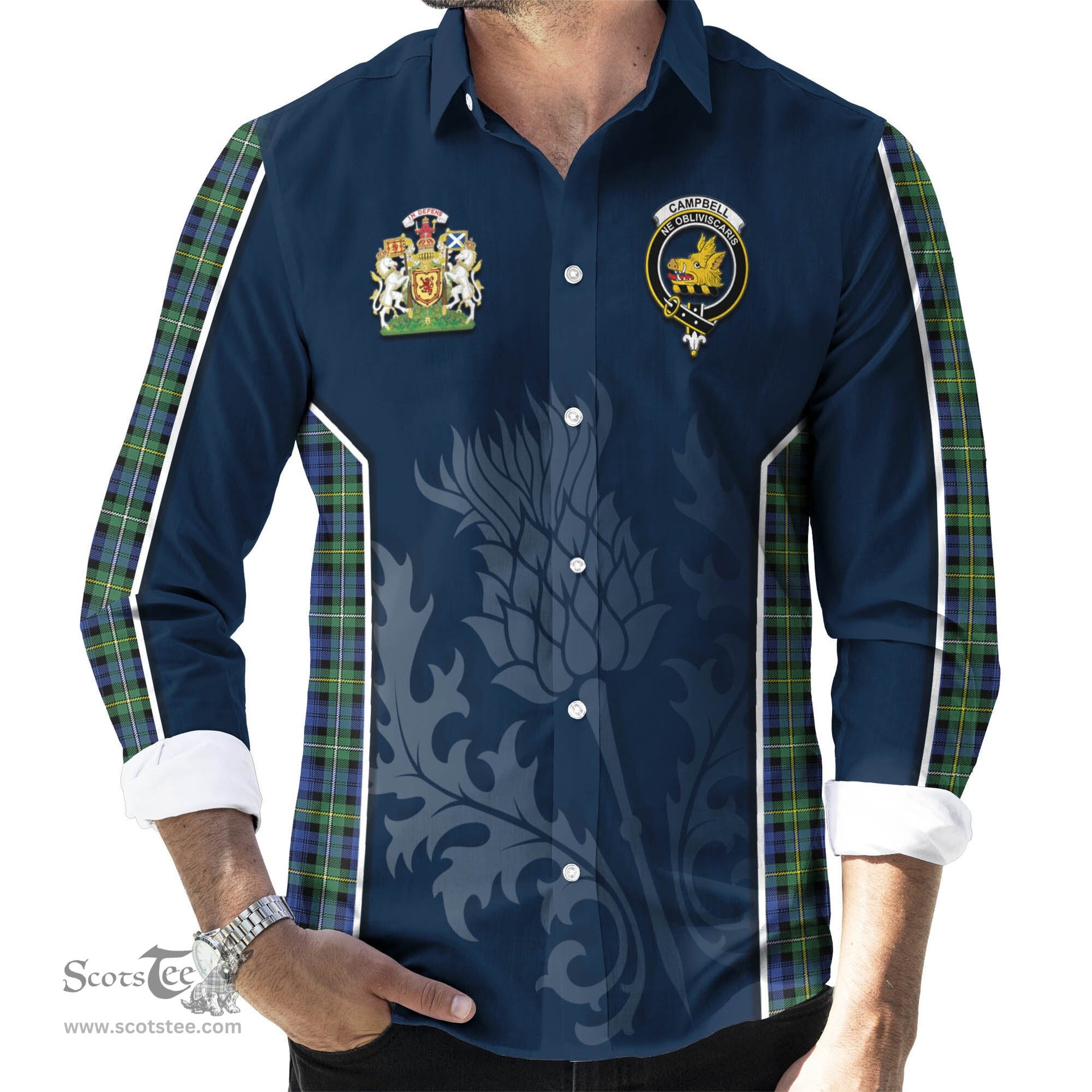 ScotsTee Shop Scottish Campbell Argyll Ancient Clan Scottish Crest and Scottish Thistle Sport Tartan Long Sleeve Shirt