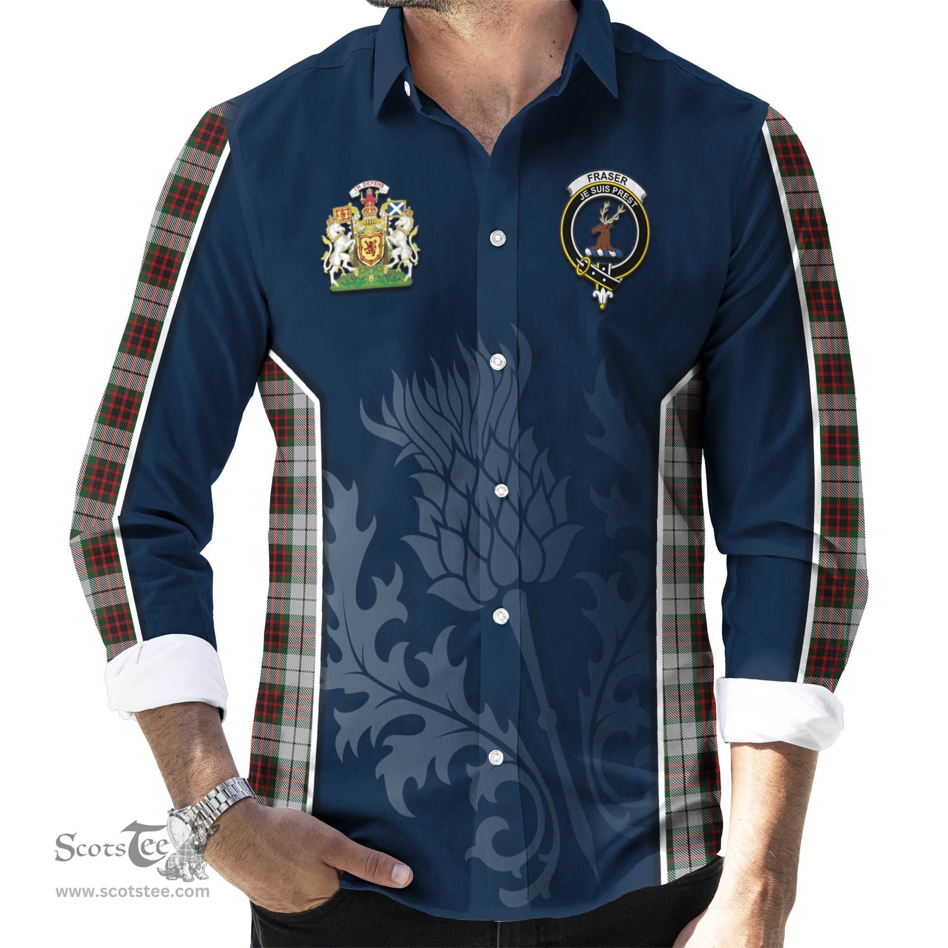 ScotsTee Shop Scottish Fraser Dress Clan Scottish Crest and Scottish Thistle Sport Tartan Long Sleeve Shirt