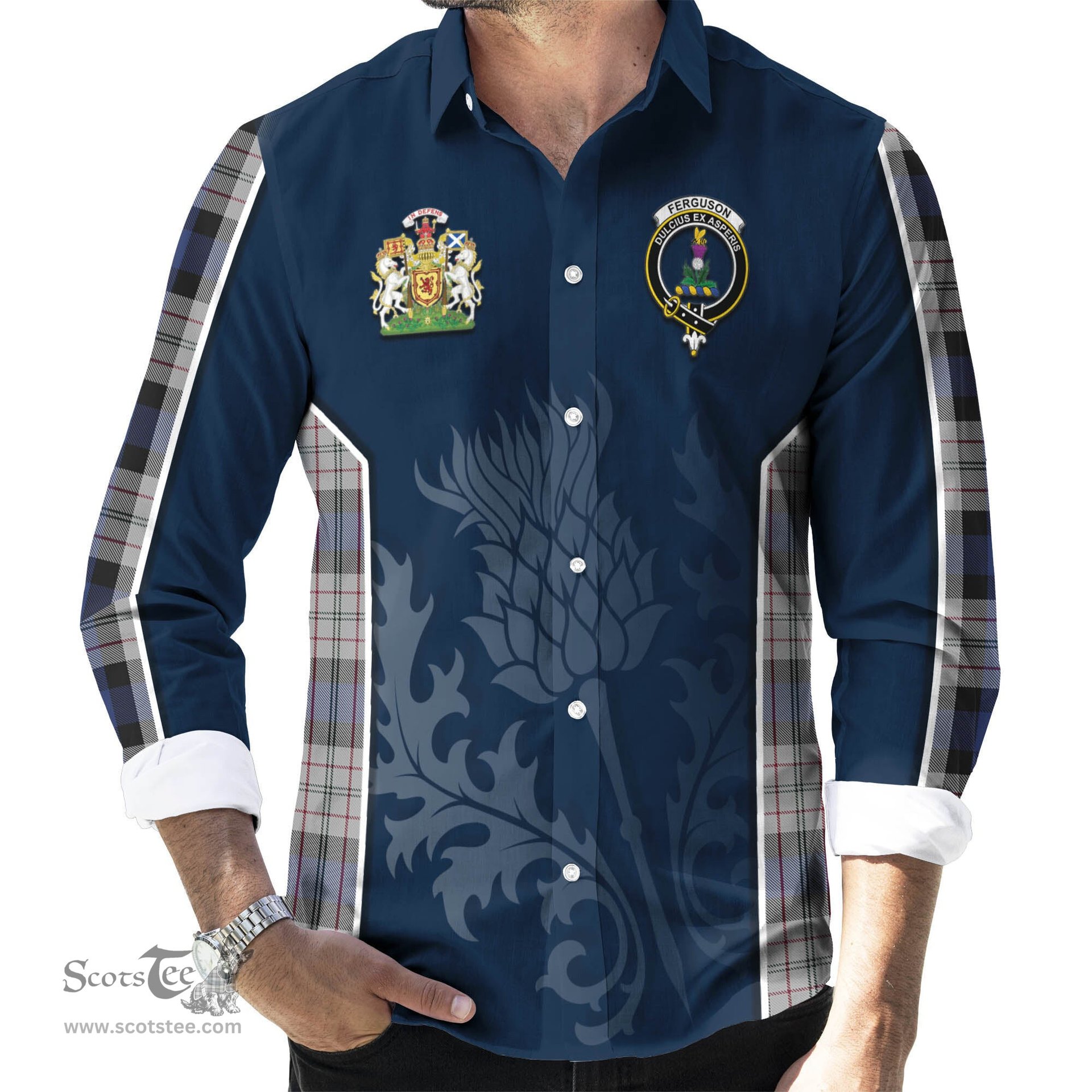 ScotsTee Shop Scottish Ferguson Dress Clan Scottish Crest and Scottish Thistle Sport Tartan Long Sleeve Shirt