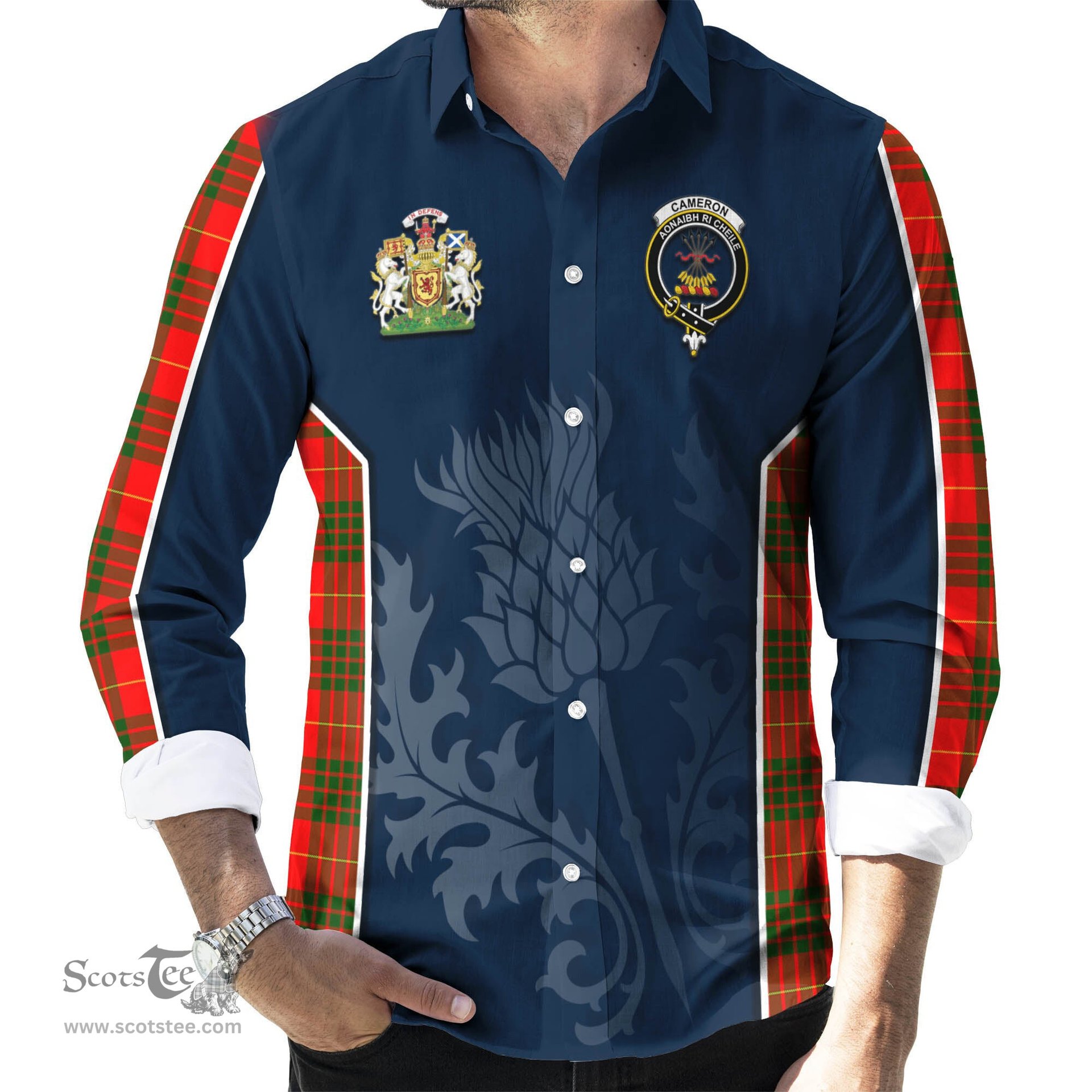 ScotsTee Shop Scottish Cameron Modern Clan Scottish Crest and Scottish Thistle Sport Tartan Long Sleeve Shirt