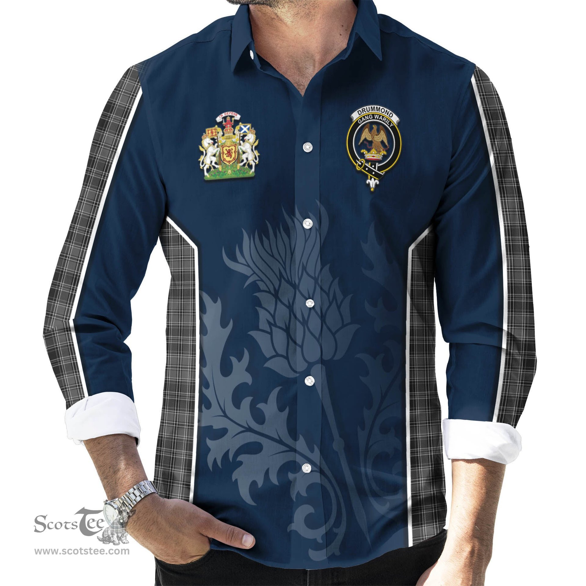ScotsTee Shop Scottish Drummond Grey Clan Scottish Crest and Scottish Thistle Sport Tartan Long Sleeve Shirt