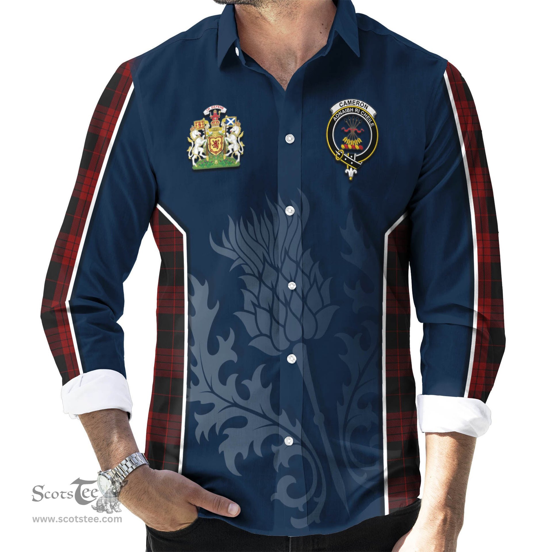 ScotsTee Shop Scottish Cameron Black and Red Clan Scottish Crest and Scottish Thistle Sport Tartan Long Sleeve Shirt