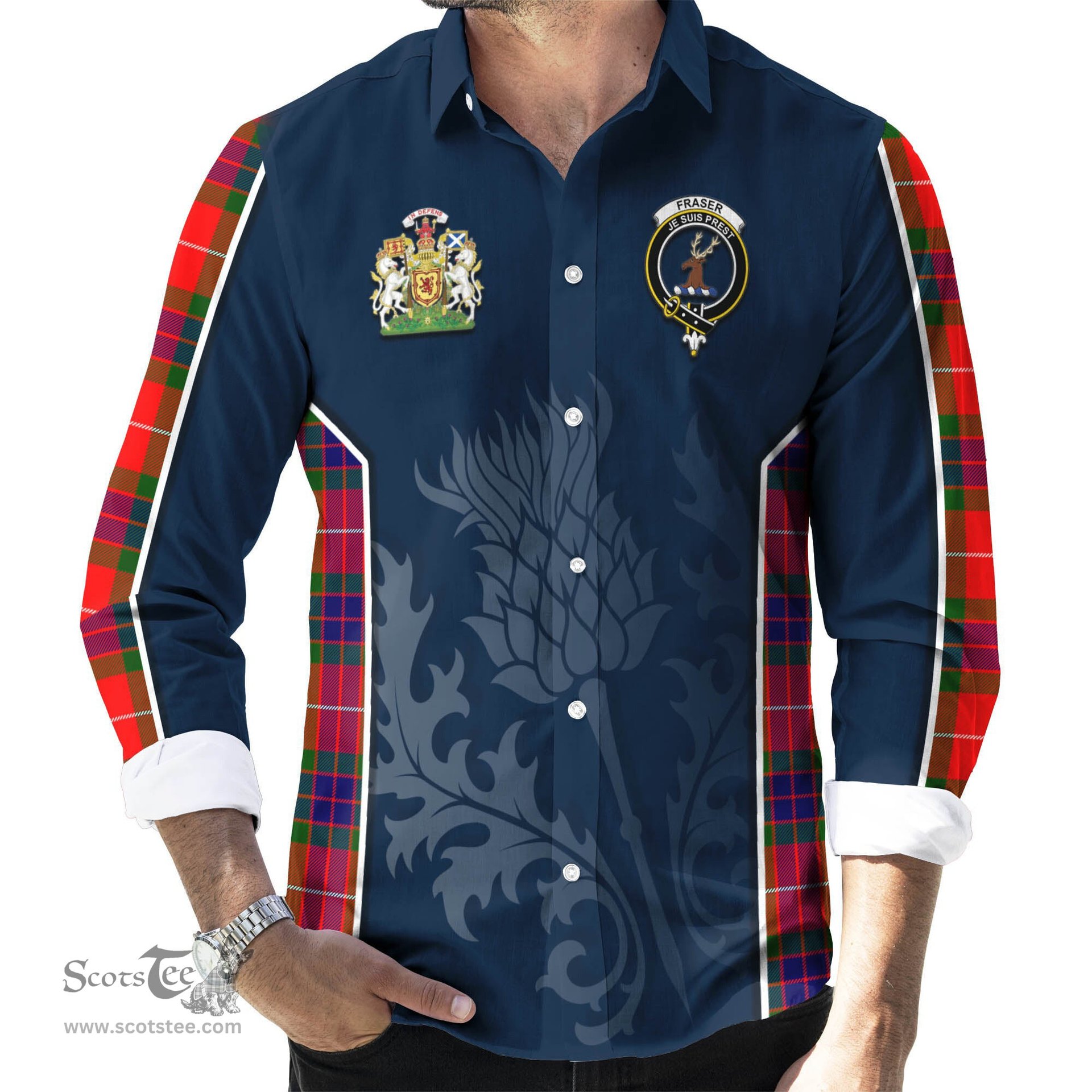ScotsTee Shop Scottish Fraser Modern Clan Scottish Crest and Scottish Thistle Sport Tartan Long Sleeve Shirt