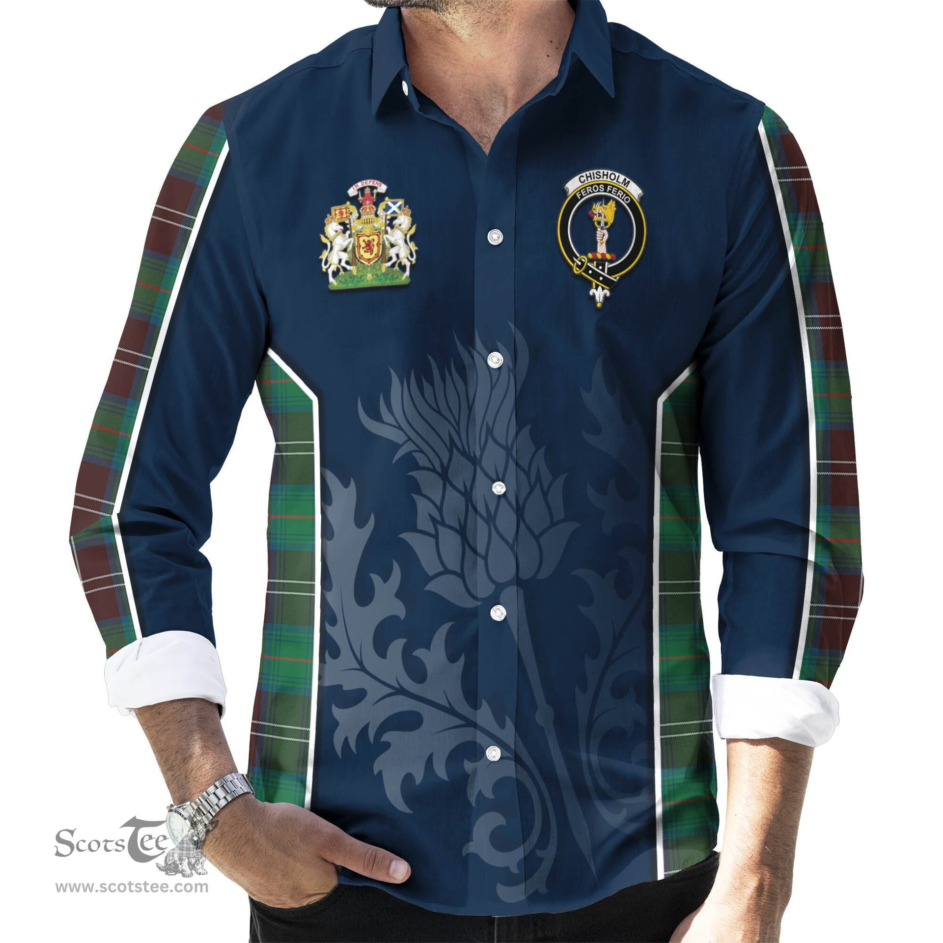 ScotsTee Shop Scottish Chisholm Hunting Ancient Clan Scottish Crest and Scottish Thistle Sport Tartan Long Sleeve Shirt