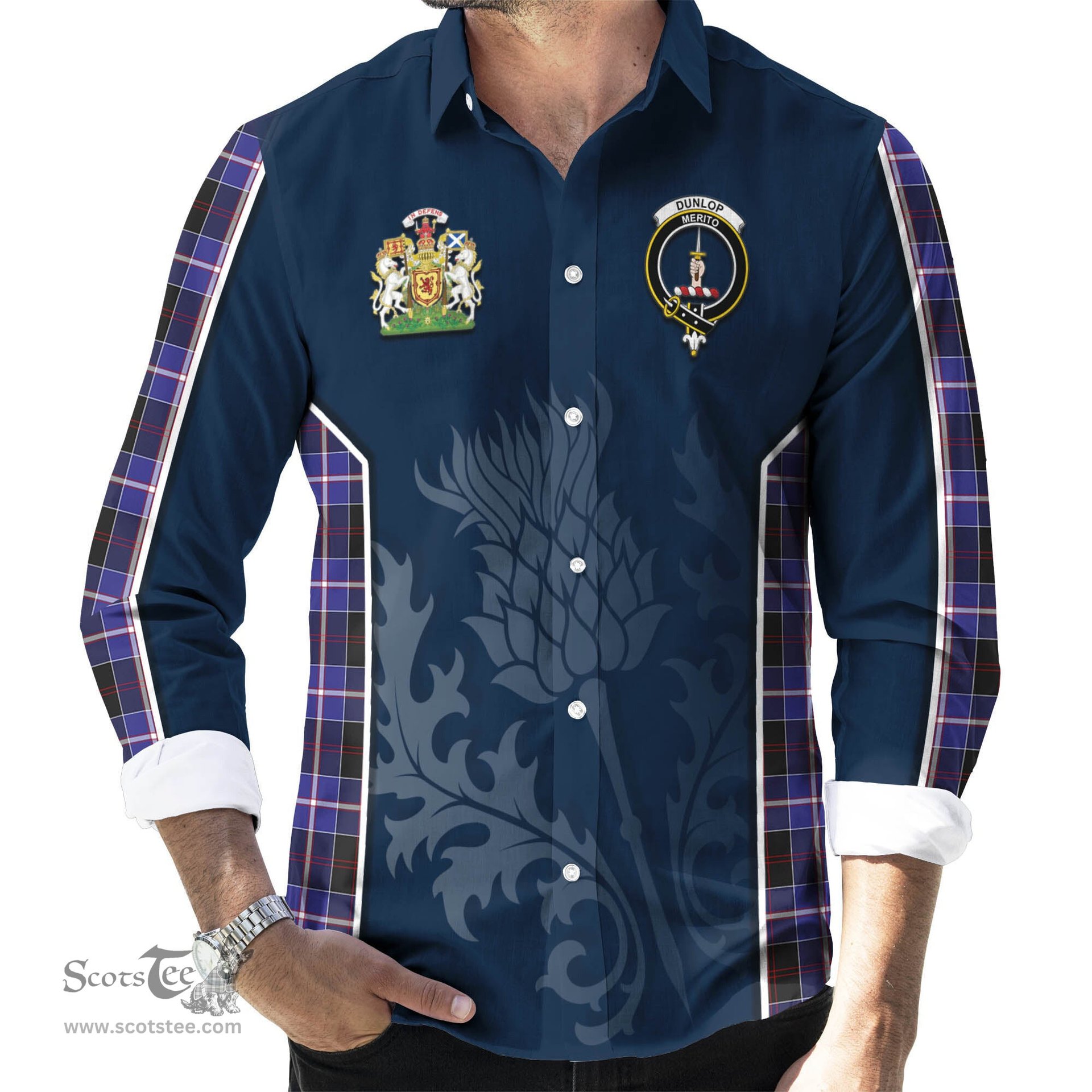 ScotsTee Shop Scottish Dunlop Modern Clan Scottish Crest and Scottish Thistle Sport Tartan Long Sleeve Shirt