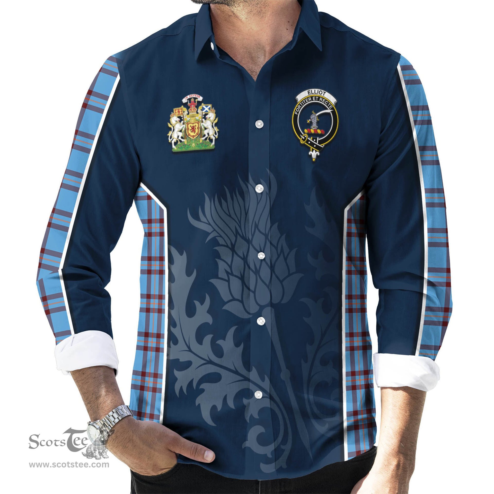ScotsTee Shop Scottish Elliot Ancient Clan Scottish Crest and Scottish Thistle Sport Tartan Long Sleeve Shirt