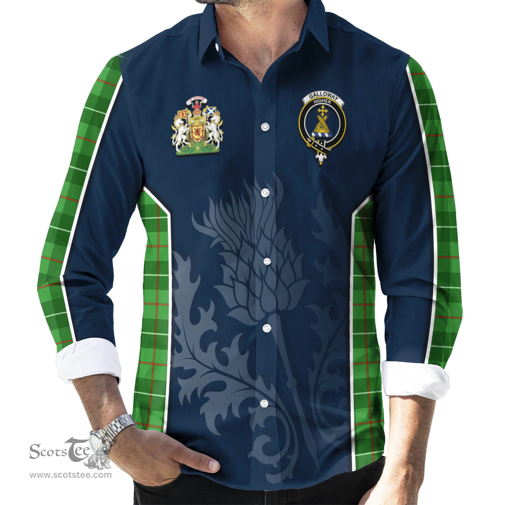ScotsTee Shop Scottish Galloway Clan Scottish Crest and Scottish Thistle Sport Tartan Long Sleeve Shirt