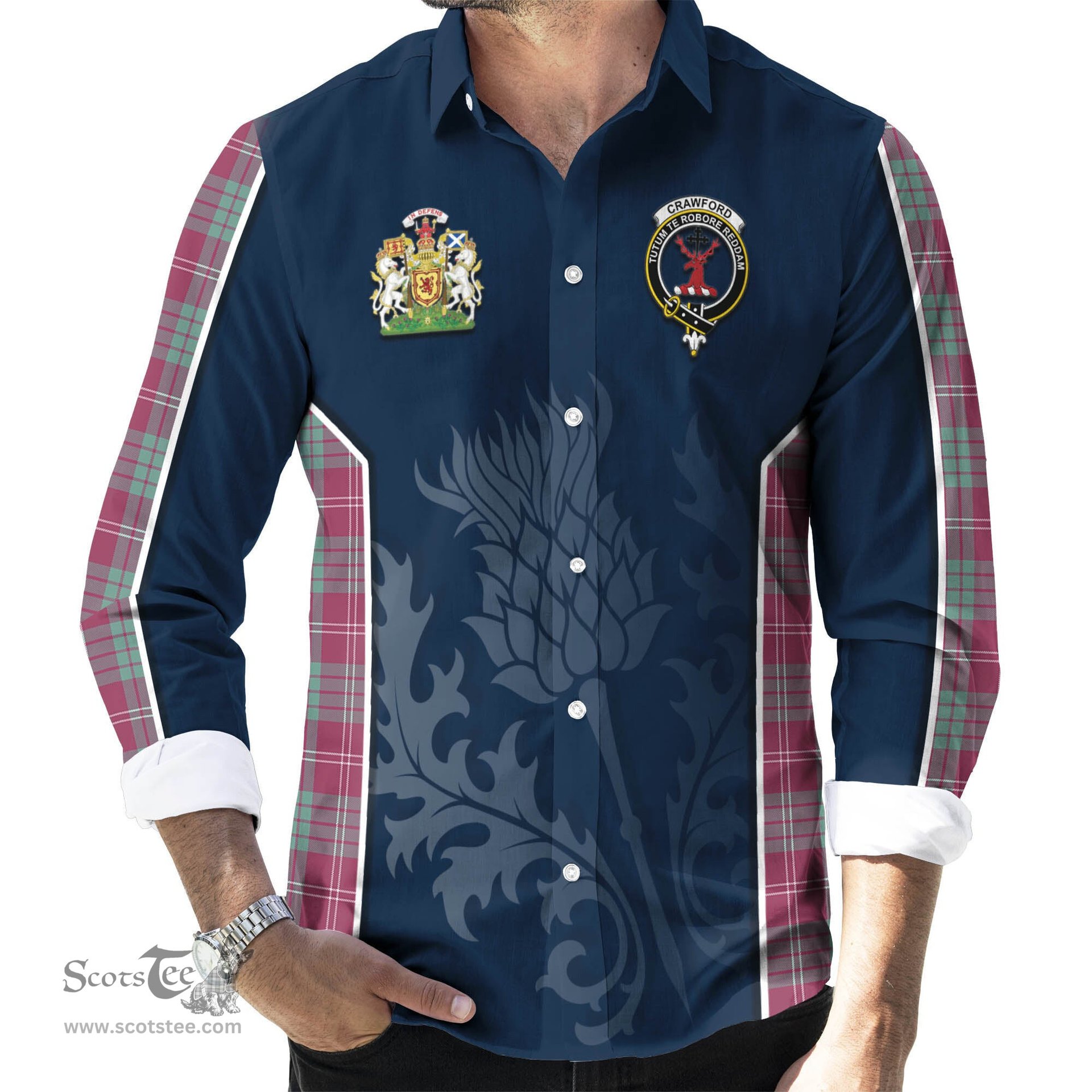 ScotsTee Shop Scottish Crawford Ancient Clan Scottish Crest and Scottish Thistle Sport Tartan Long Sleeve Shirt