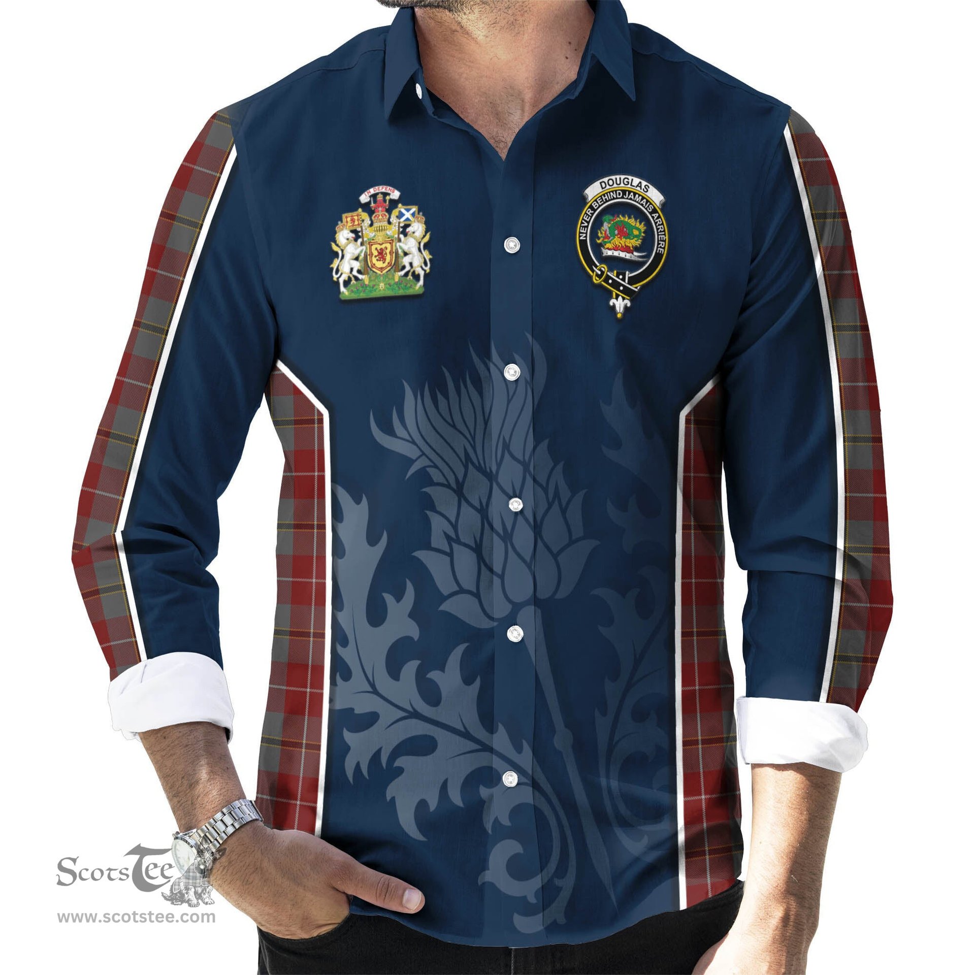 ScotsTee Shop Scottish Douglas Ancient Red Clan Scottish Crest and Scottish Thistle Sport Tartan Long Sleeve Shirt