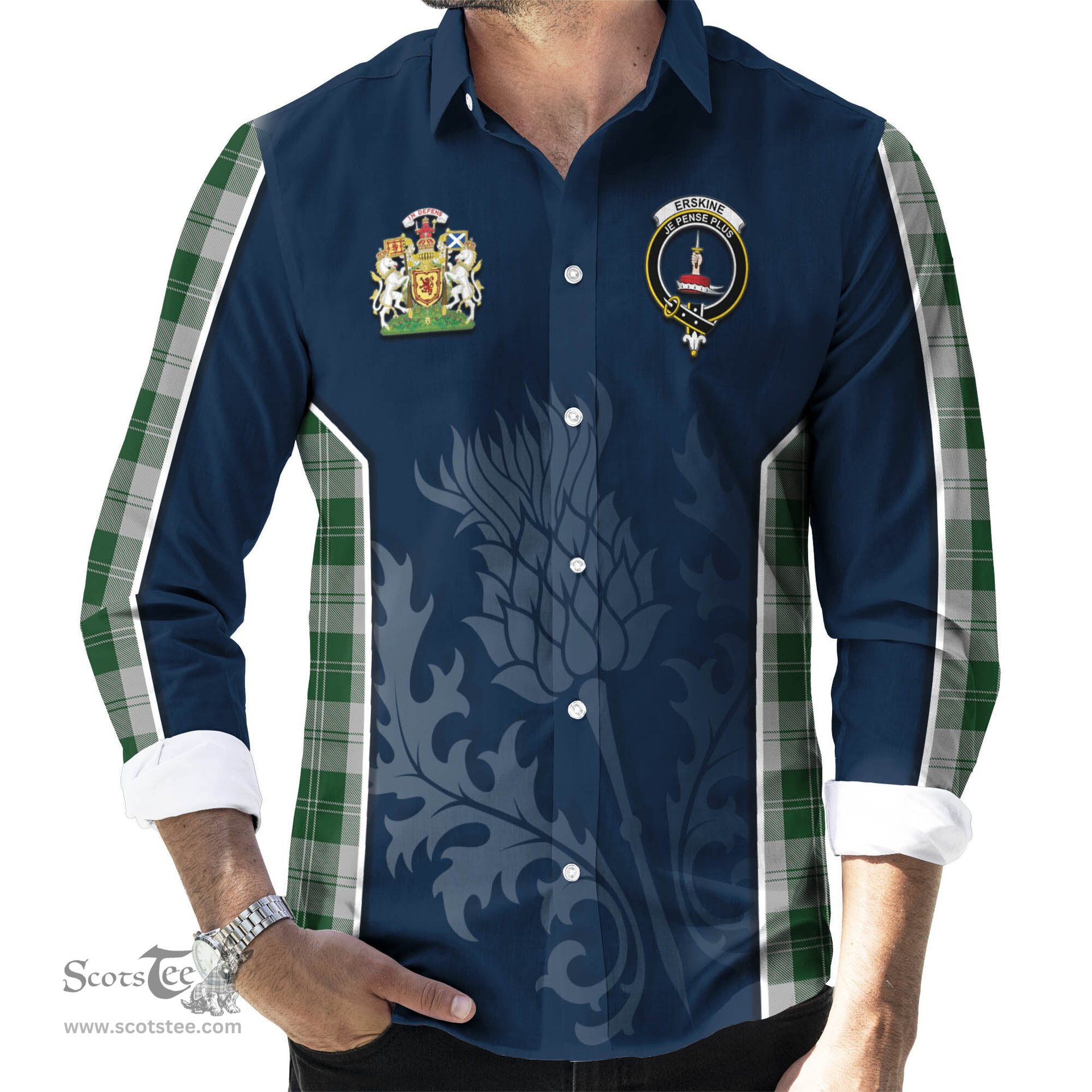 ScotsTee Shop Scottish Erskine Green Clan Scottish Crest and Scottish Thistle Sport Tartan Long Sleeve Shirt